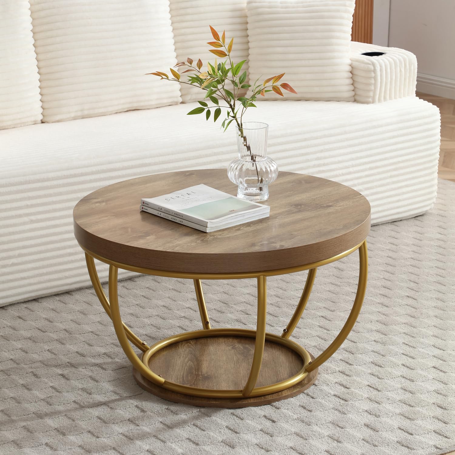 ivoros Round Coffee Table, 31" Circle Coffee Table for Living Room, 2-Tier Wood Coffee Table with Open Storage Shelf, Industrial Accent Center Table for Home Office Apartment (Gold Leg)