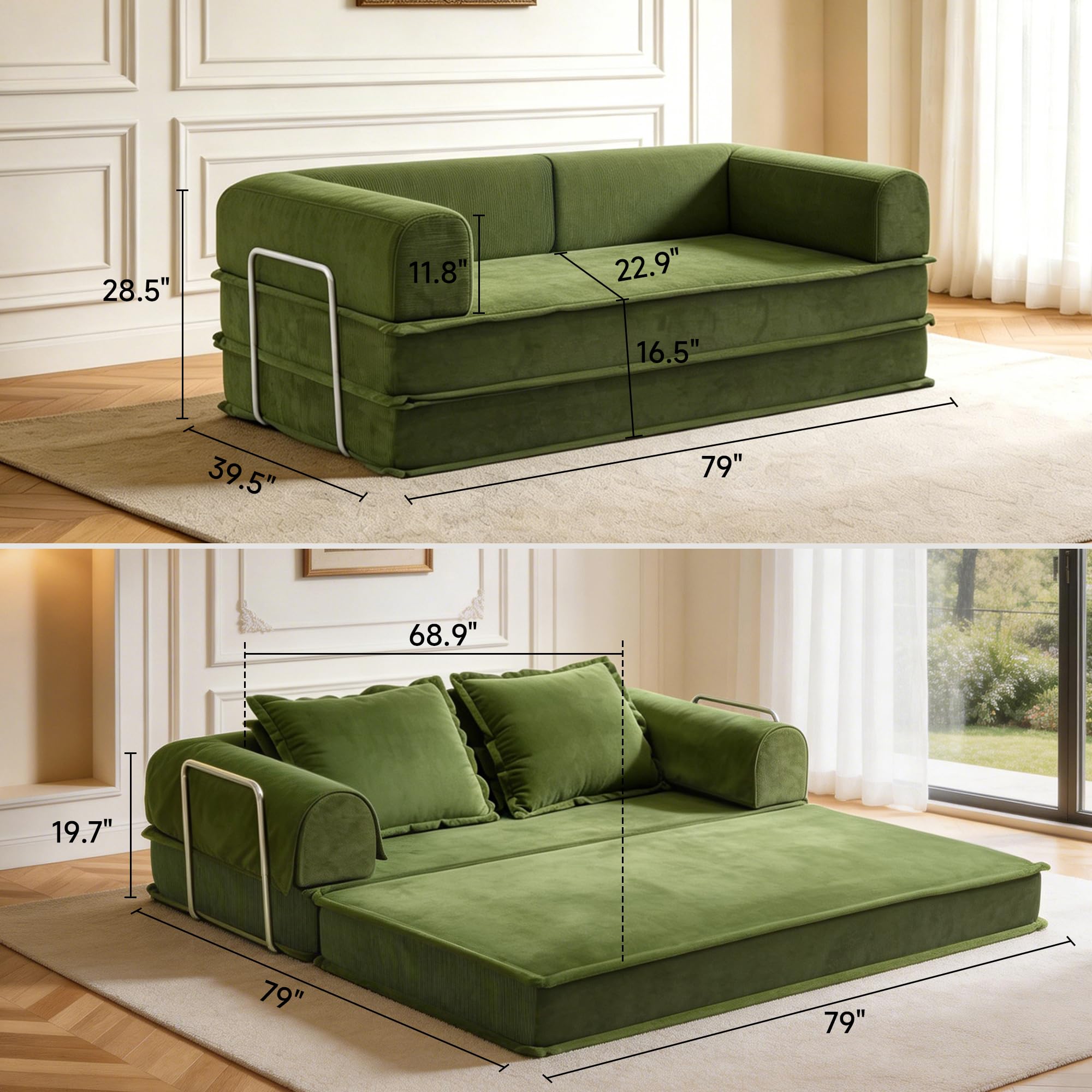 79" Futon Sofa Bed, Convertible Sofa Bed with Fixed-Shape Frame, 5-in-1 Cloud Boneless Couch with Corduroy Cover, Compressed Sleeper Sofa Bed in a Box, Boneless Loveseat Daybed for Living Room Green