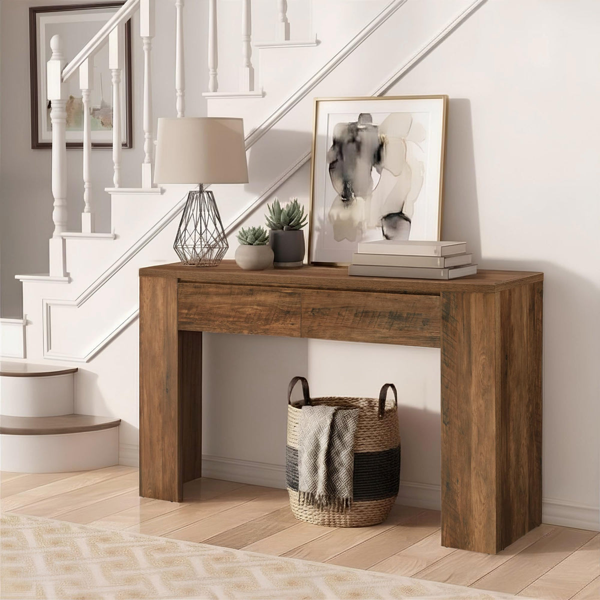 Madison Park Essentials Console Table with Power Outlet & USB Port, 63" Long Narrow Sofa Table with Flip-Top Hidden Storage Shelf, Behind Couch Entryway Hallway Table for Living Room, Warm Brown
