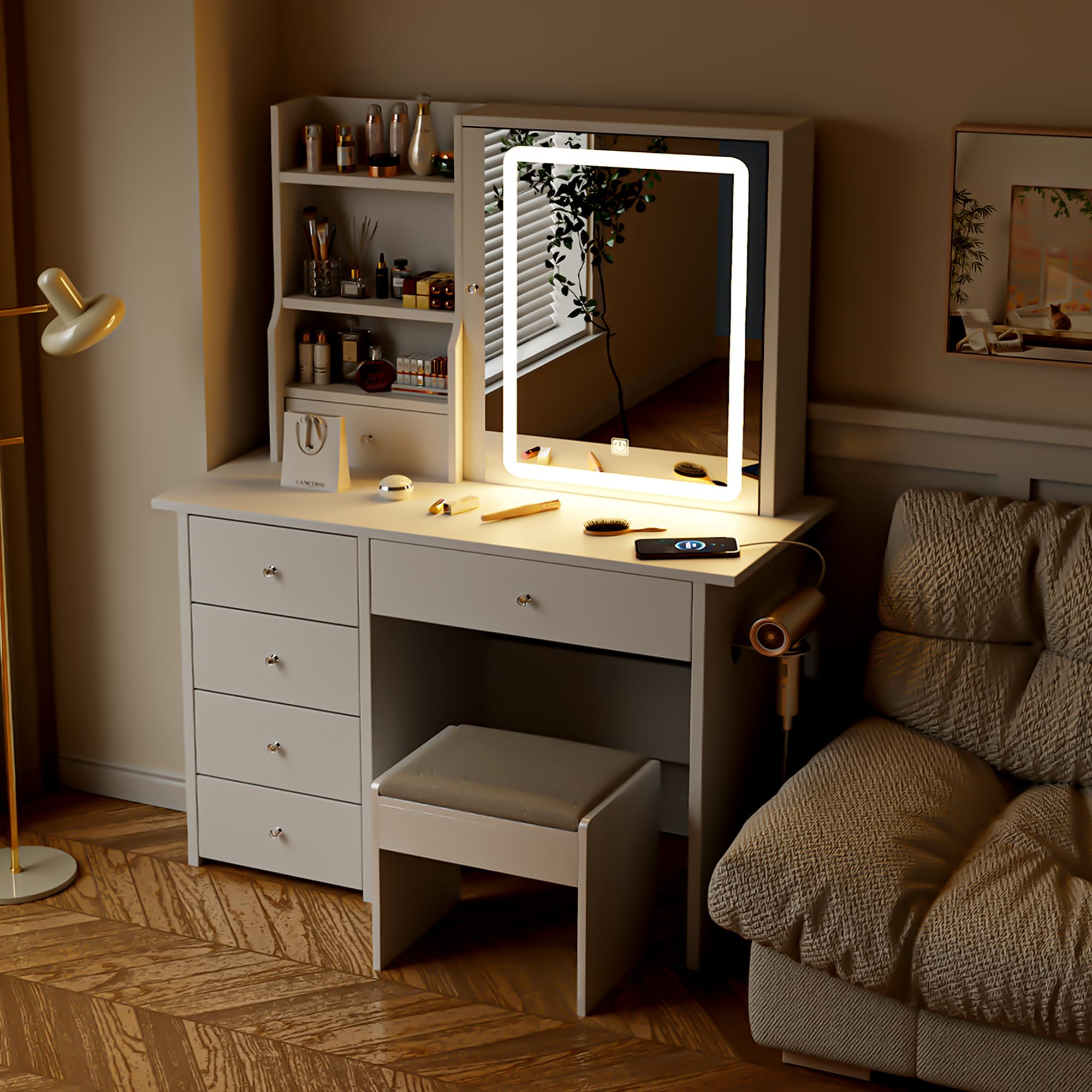 ALEAVIC Vanity Desk with Mirror and LED Lights, Makeup Vanity Set with Power Outlet, and Stool,Jewelry Storage,White Vanity Desk for Bedroom