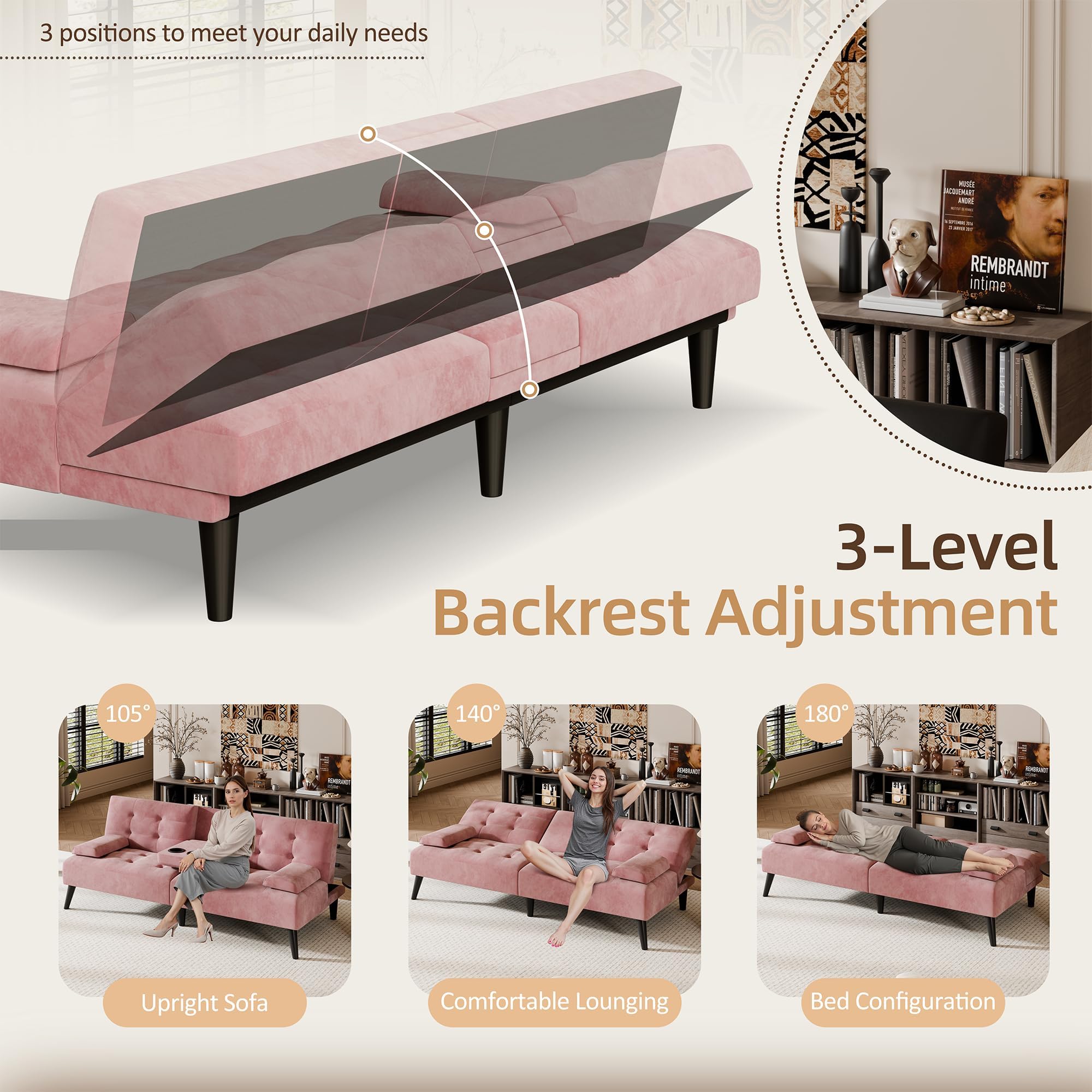Velvet Futon Sofa Bed with Removable Armrests – Pink