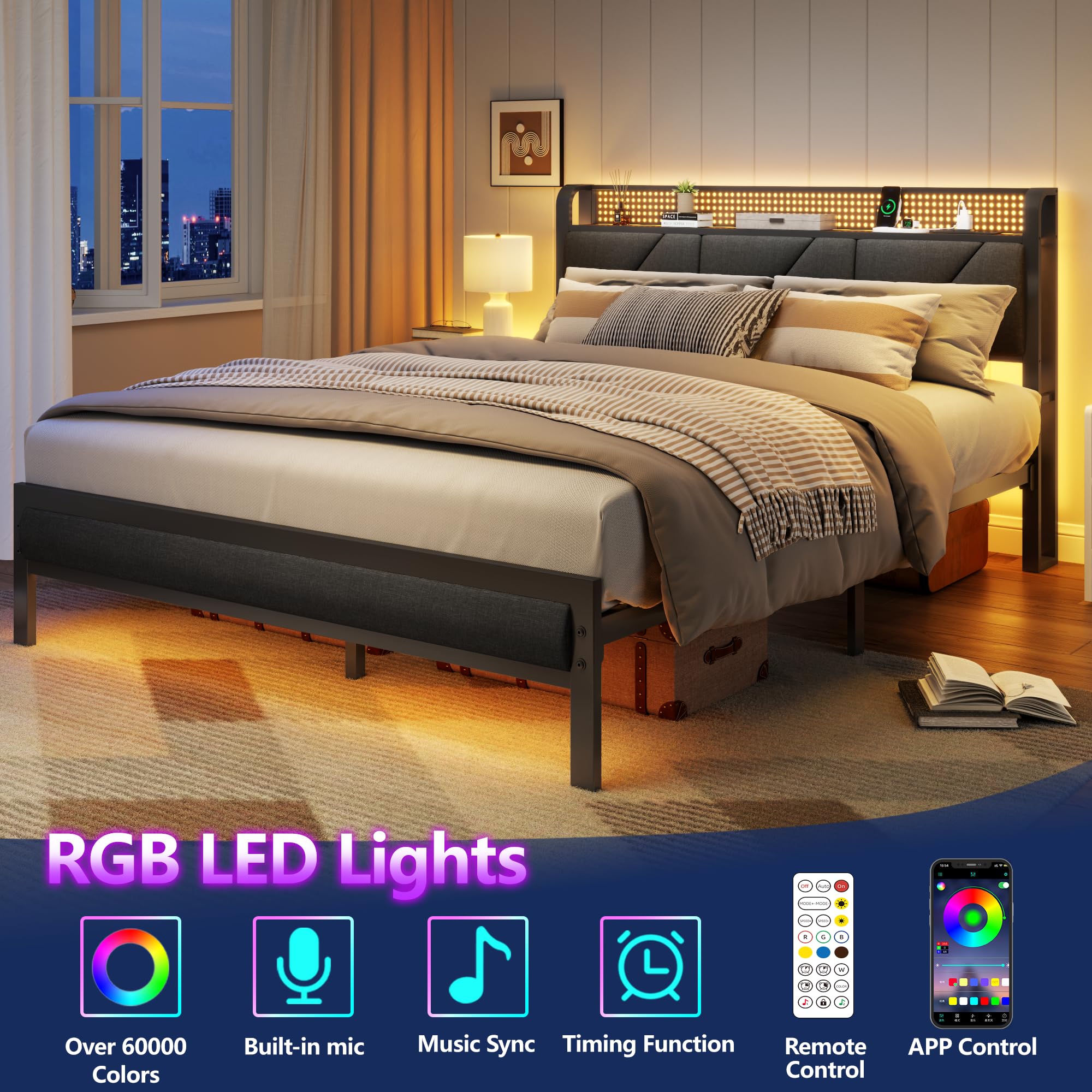 Platform Bed Frame with LED Headboard & Charging Station
