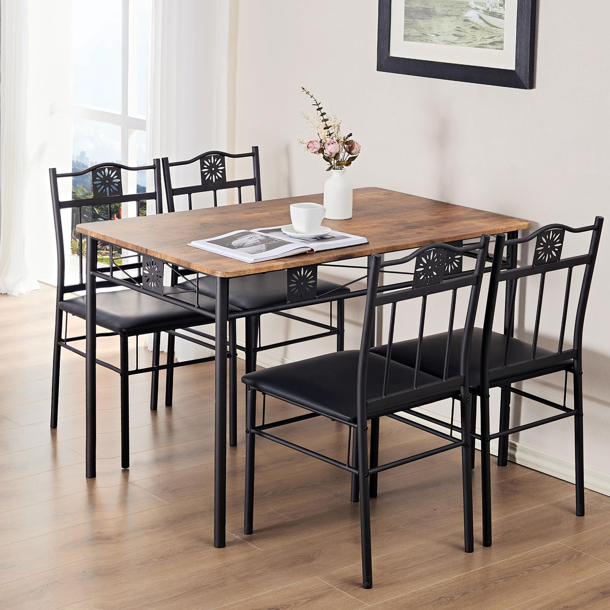 VECELO Kitchen Dining Room Table Sets for 4, 5 Piece Wood Rectangular Breakfast Nook, Dinette with PU Padded Chairs, Brown