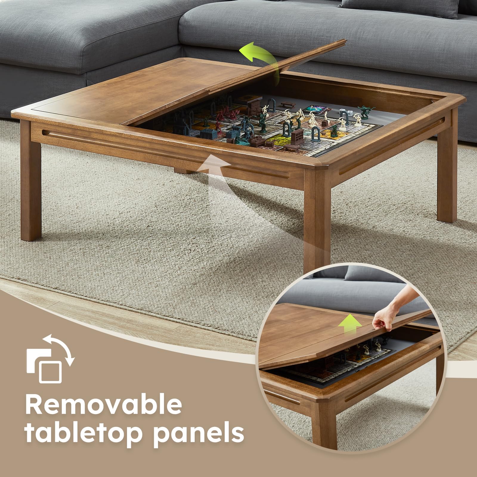 Board Game Coffee Table with Removable Table Top, Seats 4 Players with 3ft-7in x 2ft-9in Play Area, Includes Play Mat and Detachable Cup Holders, Minimal Assembly Required