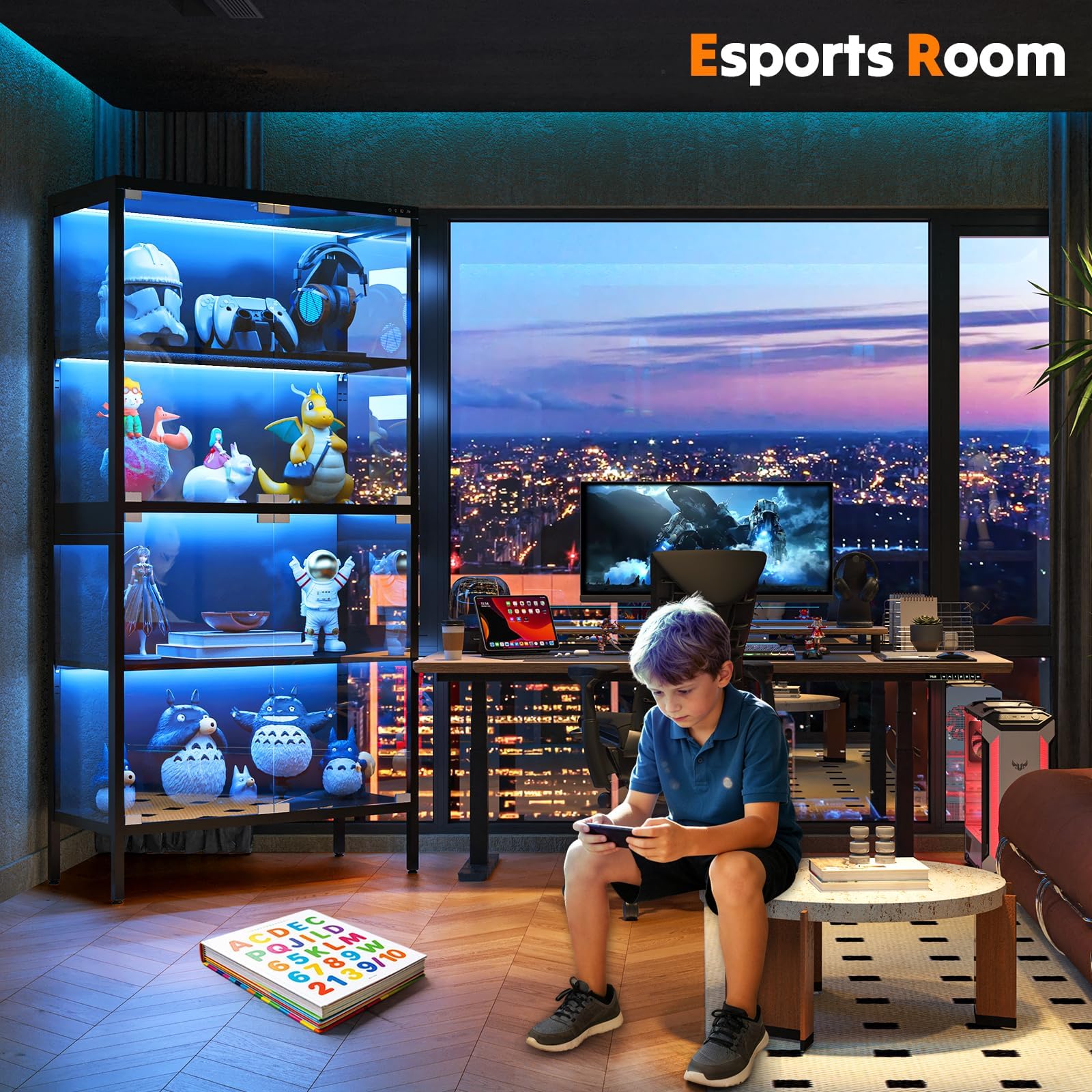 4-Tier Glass Display Cabinet with LED Lights
