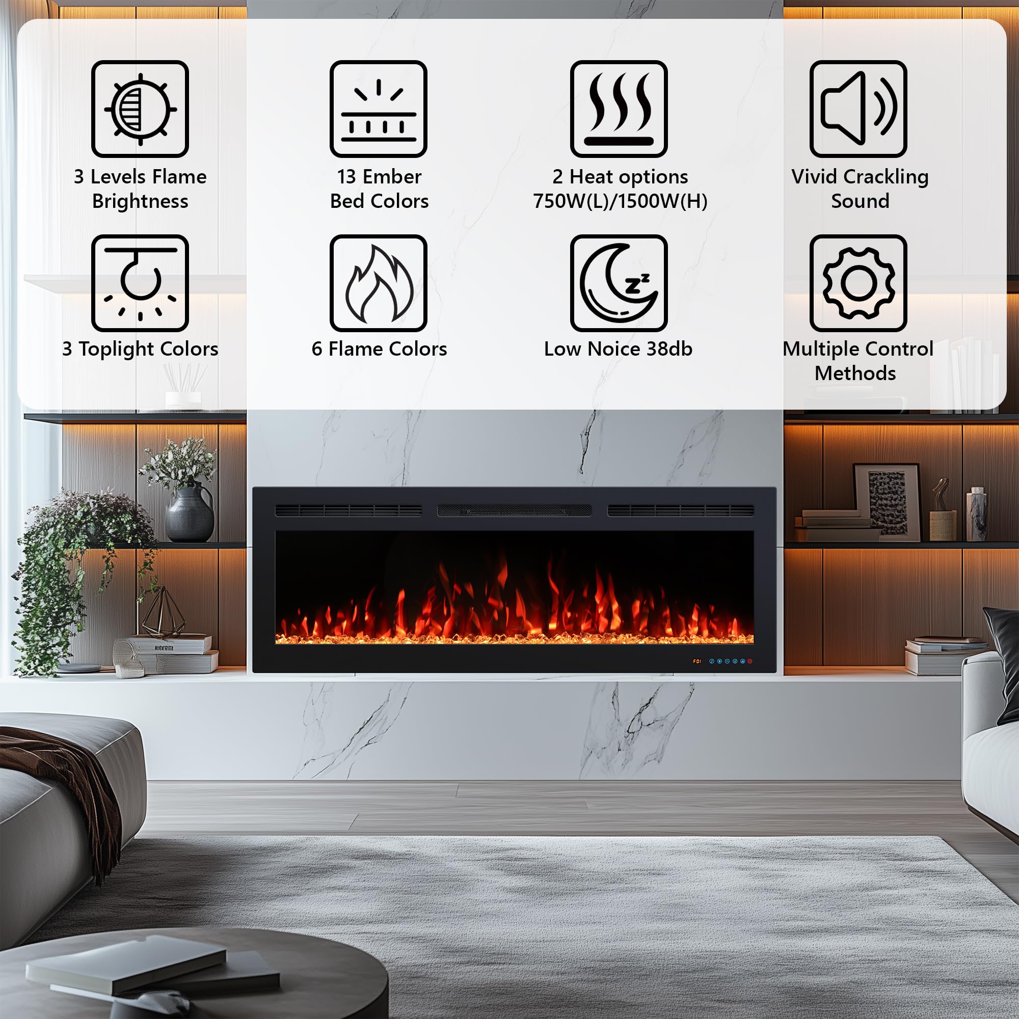50 inch Electric Fireplace Heater, Smart Control via Alexa & App, Recessed and Wall Mounted Fireplace Insert w/Multicolor Realistic Flame Effects,Crackling Sound and Logs& Crystals, 1500W, Black