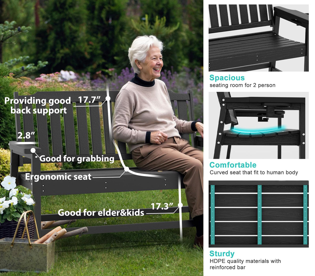 WELYAS HDPE Outdoor Bench for Porch, 48" Weatherproof Easy Assemble,Black