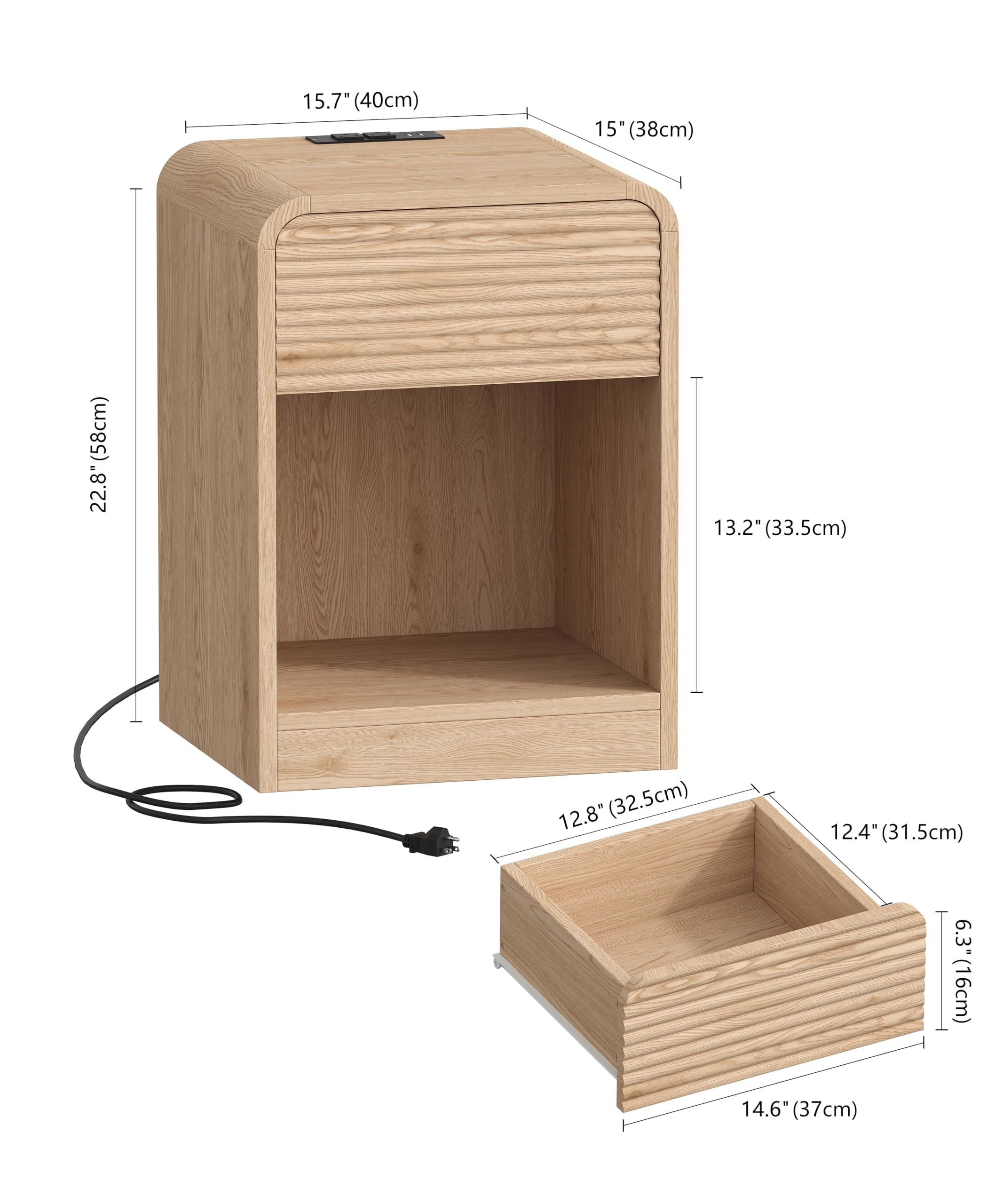 Fluted Nightstands Set of 2 with LED & Charging Station