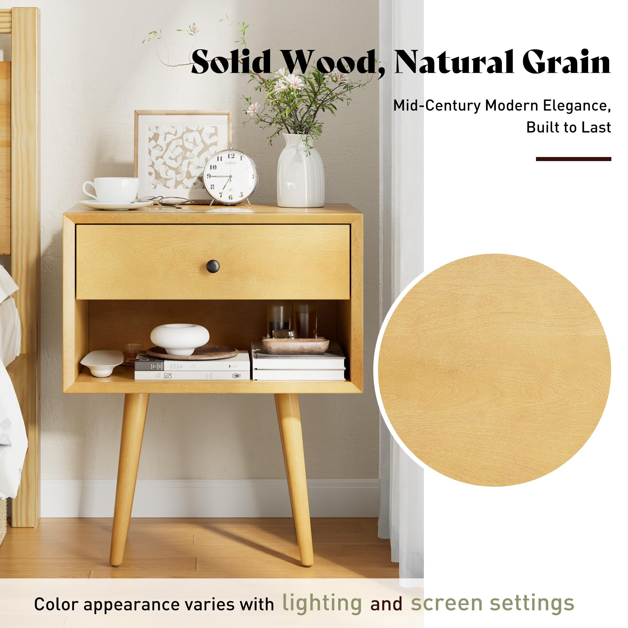 Solid Wood Nightstand with Drawer & Open Cubby