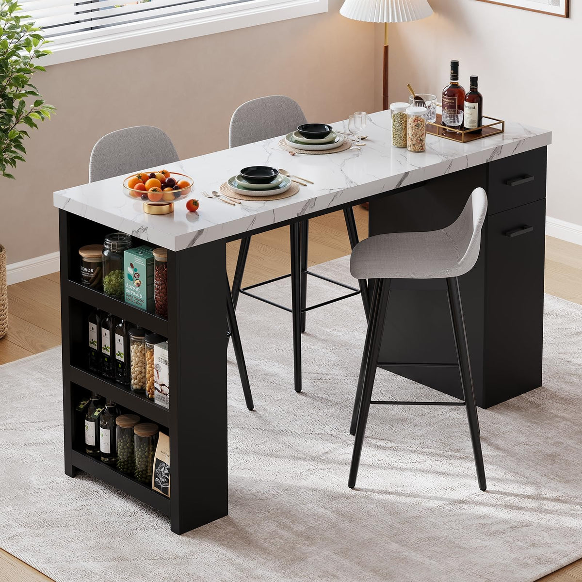 Lefurture Kitchen Island with 3-Tier Shelves & Pull-Basket Drawer, Black
