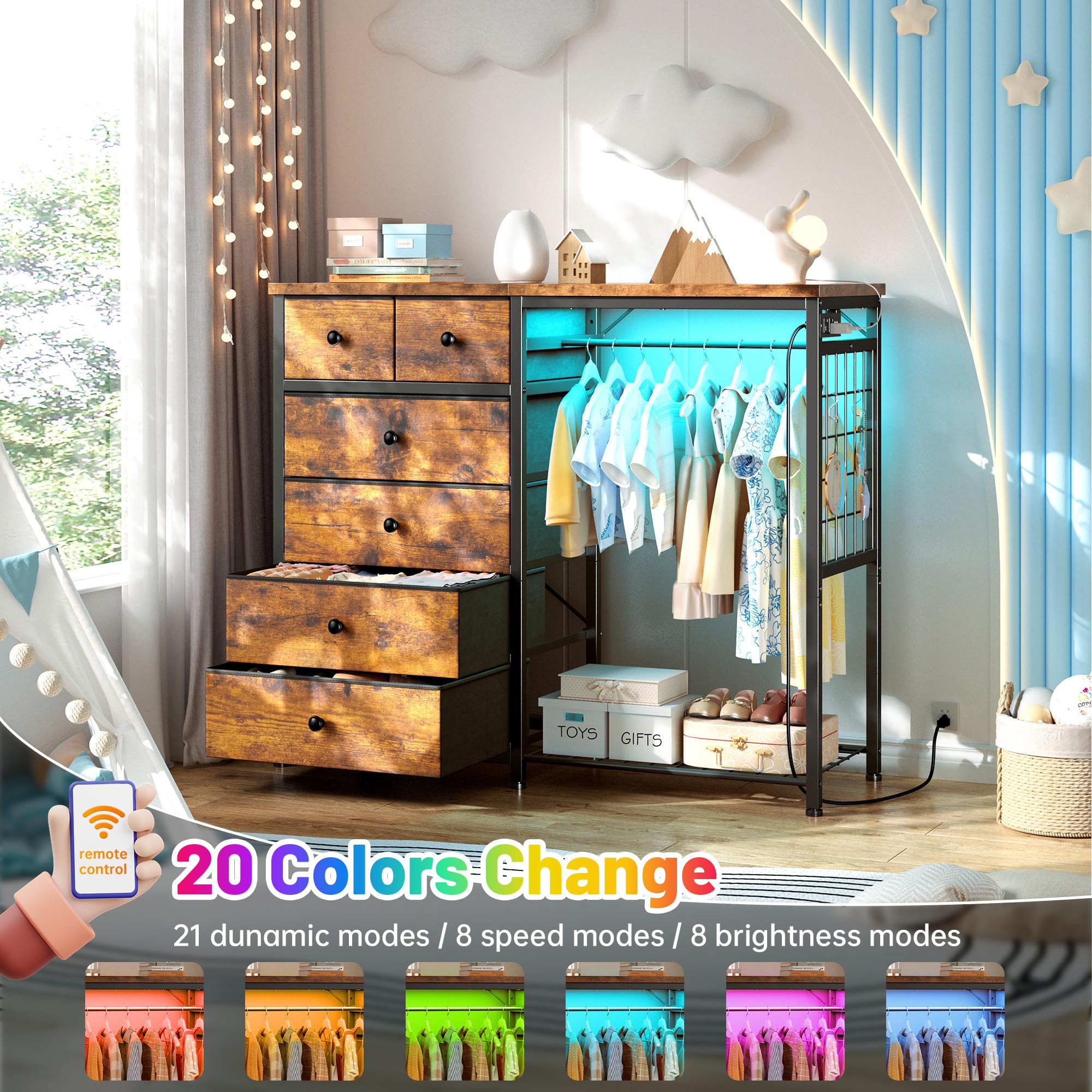 Dresser with Hanging Rack, 6 Drawers, LED Lights & Charging Station