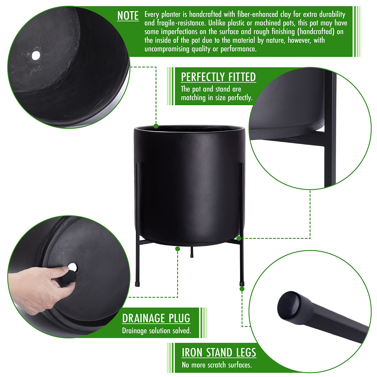D'vine Dev Mid Century Plants Pot Cylinder Planter with Heavy Duty Stand, XX-Large 16 Inch Pot, 22.8 Inch with Stand Height, Black, 96-T-B-5