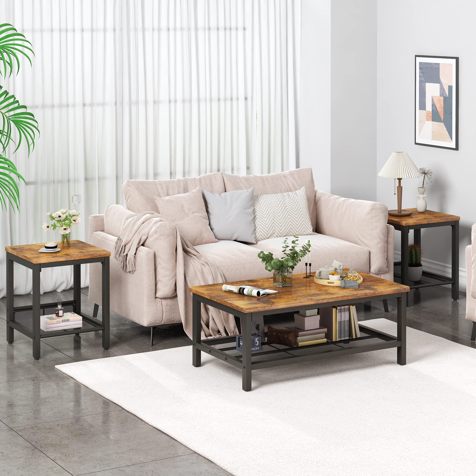 3-Piece Coffee & End Table Set with Metal Frame