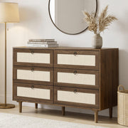 LAZZO 6 Drawer Dresser for Bedroom Dresser for Closet Rattan Chest of Drawers Mid Century Modern TV Stand with Golden Handles for Closet, Living Room and Apartment (Walnut)