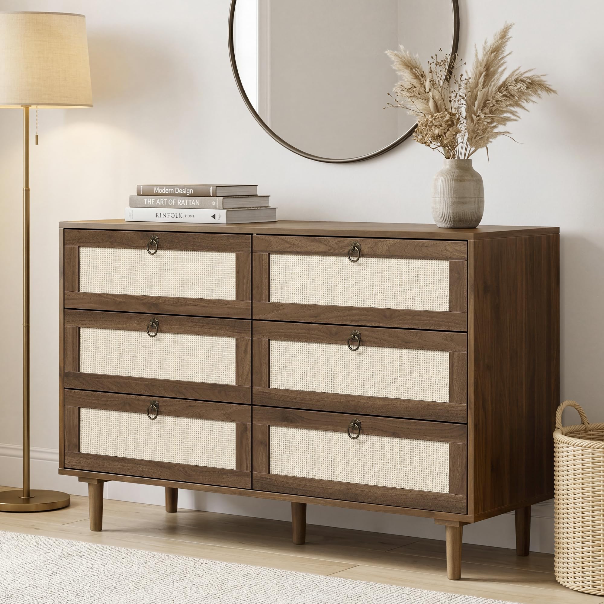 LAZZO 6 Drawer Dresser for Bedroom Dresser for Closet Rattan Chest of Drawers Mid Century Modern TV Stand with Golden Handles for Closet, Living Room and Apartment (Walnut)