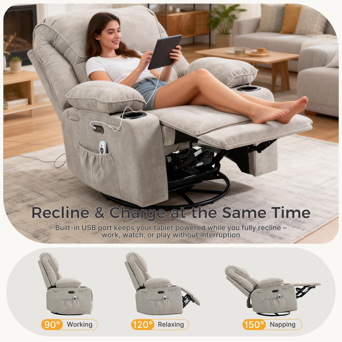 Electric Power Recliner Chair with Rocking, Swivel & Glider for Nursery