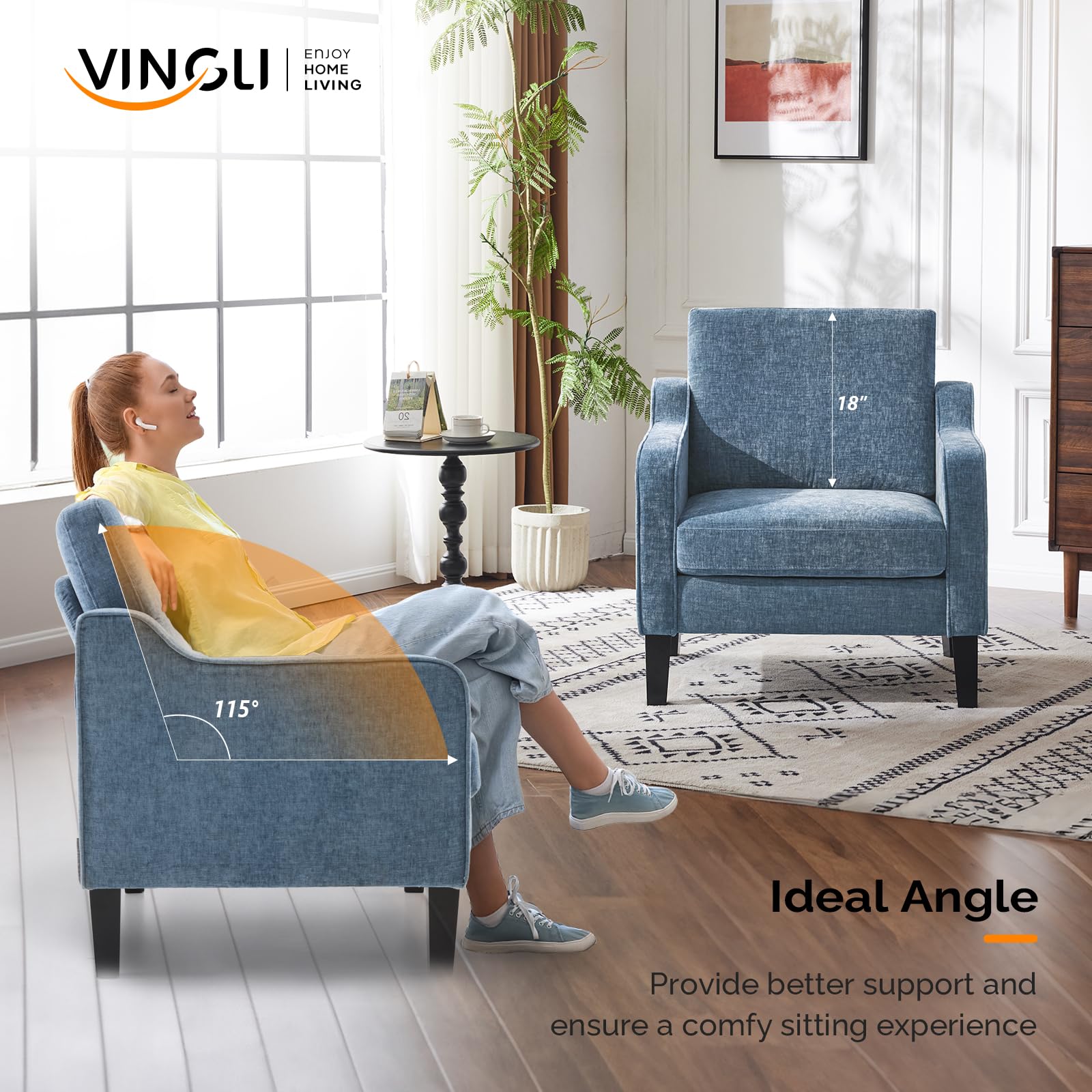 VINGLI Mid Century Modern Accent Chair,Navy Blue Chenille Chairs for Living Room Upholstered Armchair with Scooped Arms for Bedroom,Apartment,Studio,Office,Waiting Room