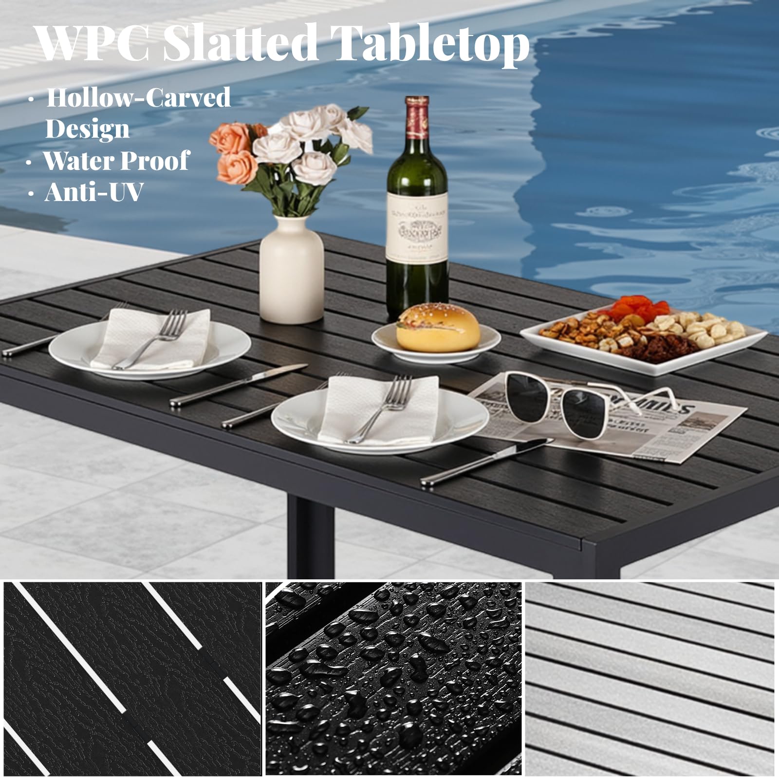 LIFERUN Outdoor Patio Table for 4-6 Person, 43×28in Rectangle Outdoor Dining Table with Wooden-Like Top and Aluminum Frame, Heat and Weather Resistant, Ideal for Garden, Patio, Poolside, Porch, Black