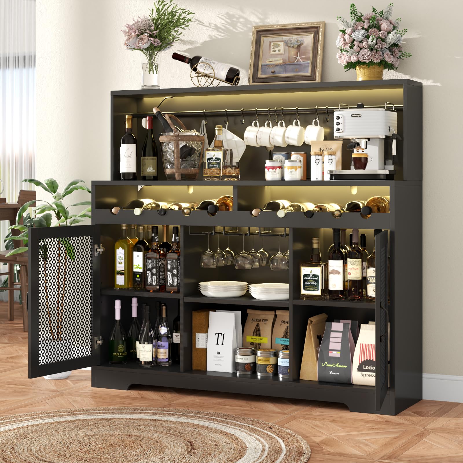 Loomie Wine Bar Cabinet with LED Light, Liquor Cabinet with Glass Holder, Coffee Bar for Liquor, Storage Buffet with Wine Racks, Wine Cabinet with Mesh Door (Black)
