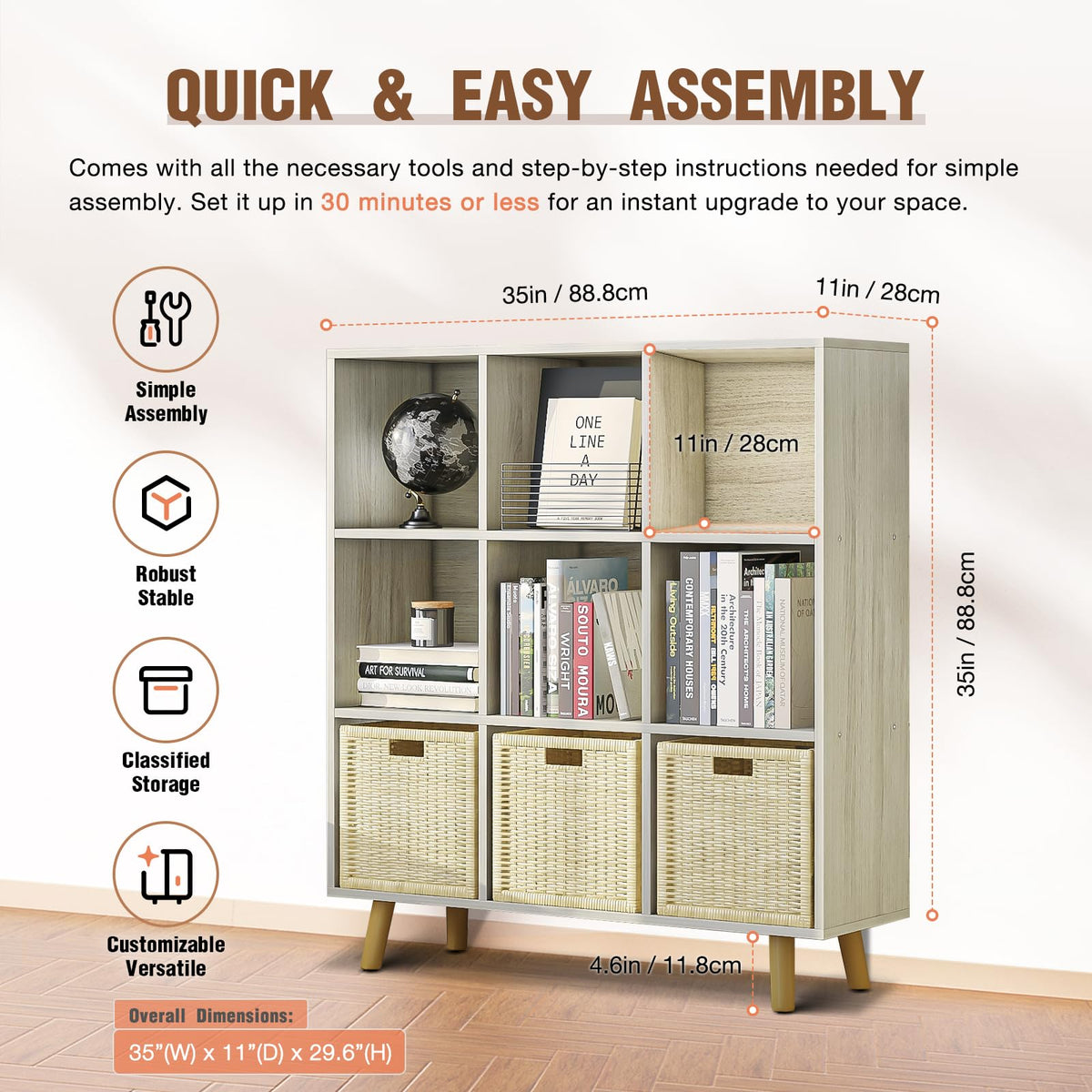 ELYUP 9-Cube Open Shelf Bookcase - 3-Tier Wooden Bookshelf with Legs, Oak