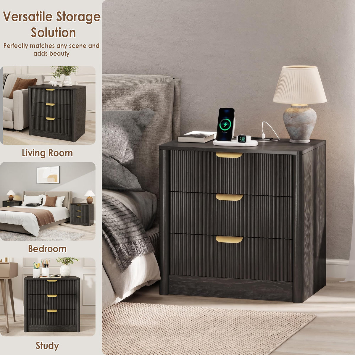 PLRSOZIM 23.6" Black Fluted Nightstand with Charging Station and 3 Drawers