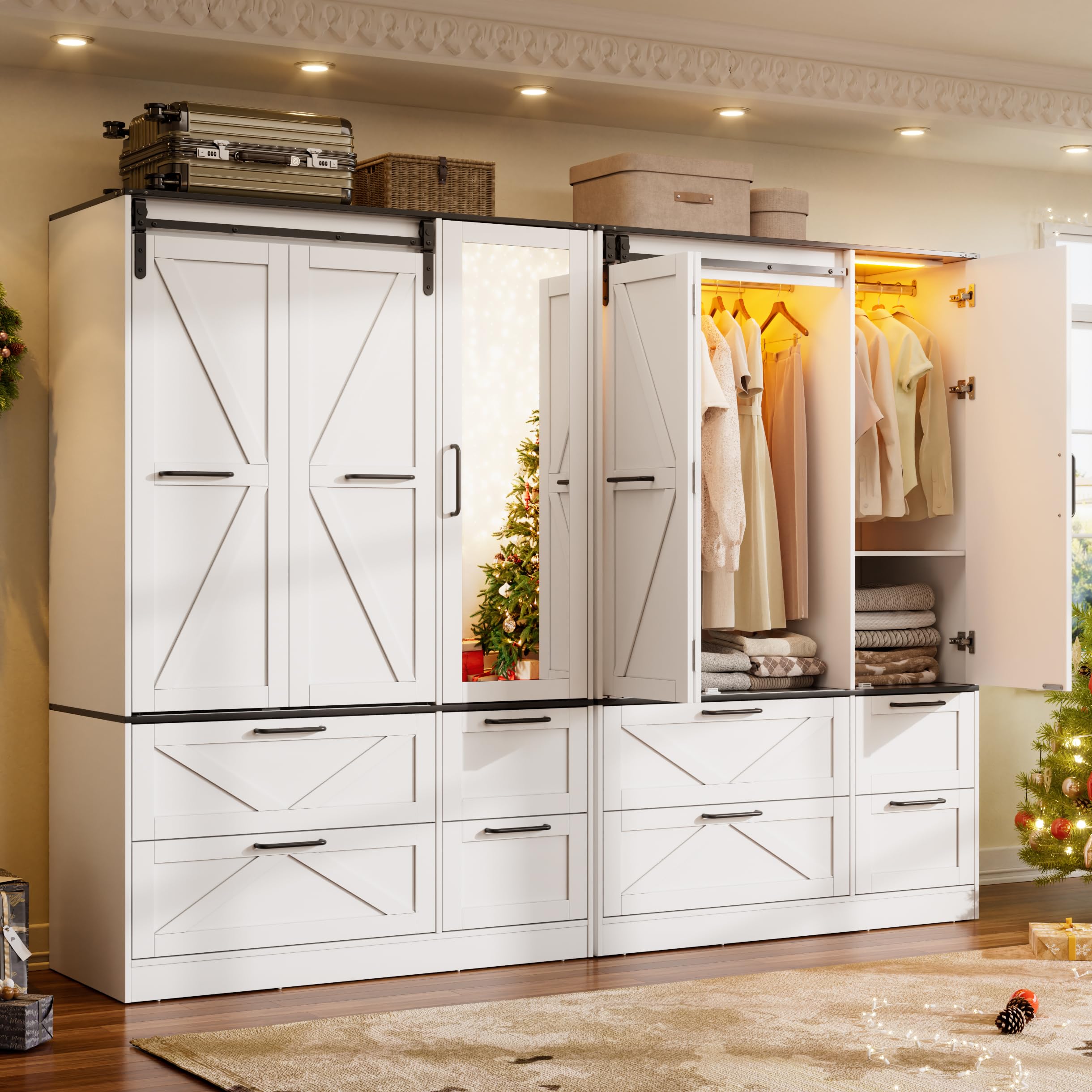 PAKASEPT Armoire Wardrobe Closet with w/Folding Sliding Barn Door, 72.83" H Bedroom Armoires with Mirror and Sensor Lights, Hanging Rod, Wardrobe Closet for Bedroom (6 Doors)