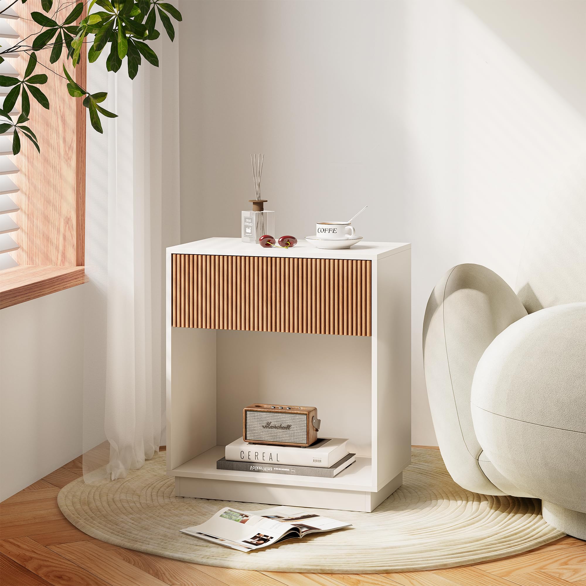 Fluted Nightstand Set of 2 with Drawer & Storage Shelf