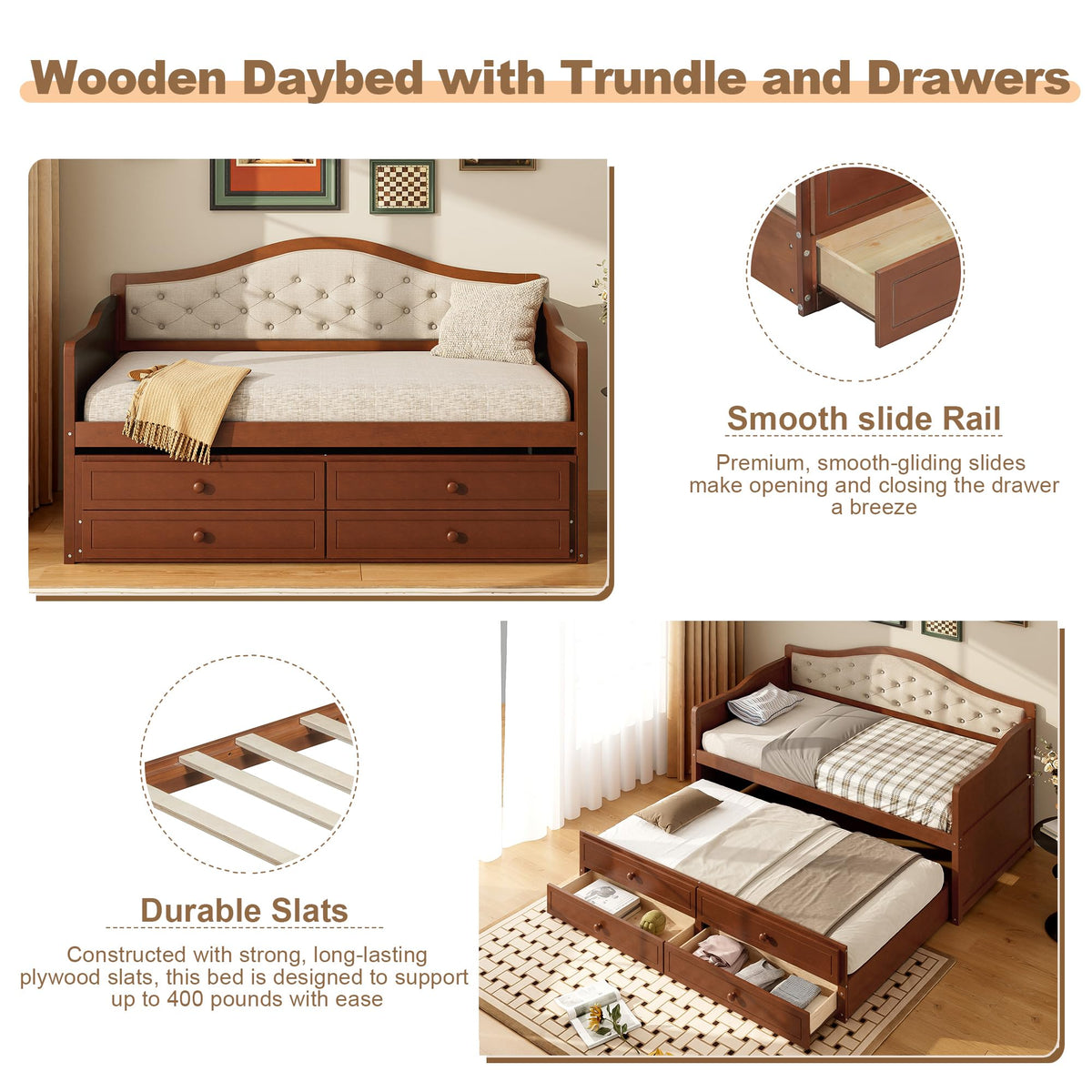 Twin Size Corner Bed Frame with Storage Drawers and Trundle, Walnut