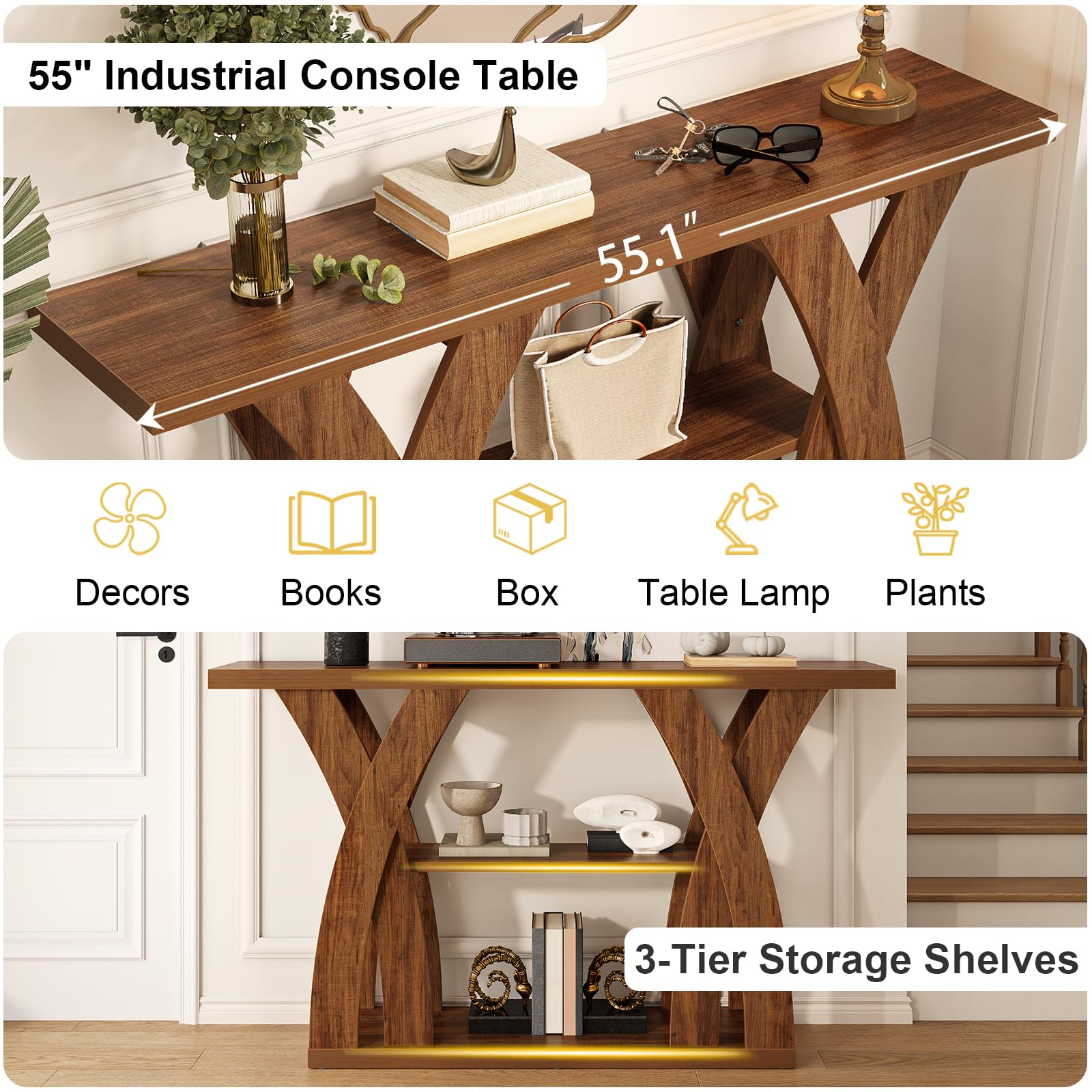 Tarnorci 55 inch Farmhouse Entryway Table, Console Table with 3-Tier Storage, Rustic Striped Brown X-Shaped Narrow Entry Table for Behind Couch, Living Room, Hallway, Foyer