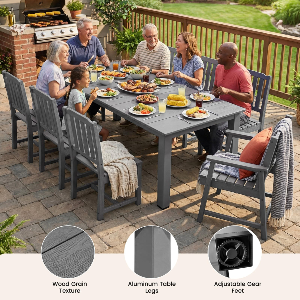 Ayge 9-Piece Outdoor Dining Set – HDPE Patio Furniture for 8 with 2" Hole Cut-Out Table & 8 Chairs, Perfect for Pool, Patio, Garden, Gray