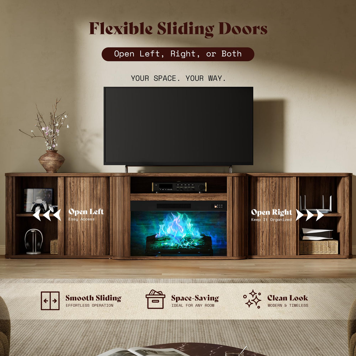 AMERLIFE 97" Fluted Electric Fireplace TV Stand, Mid Century Modern, Walnut