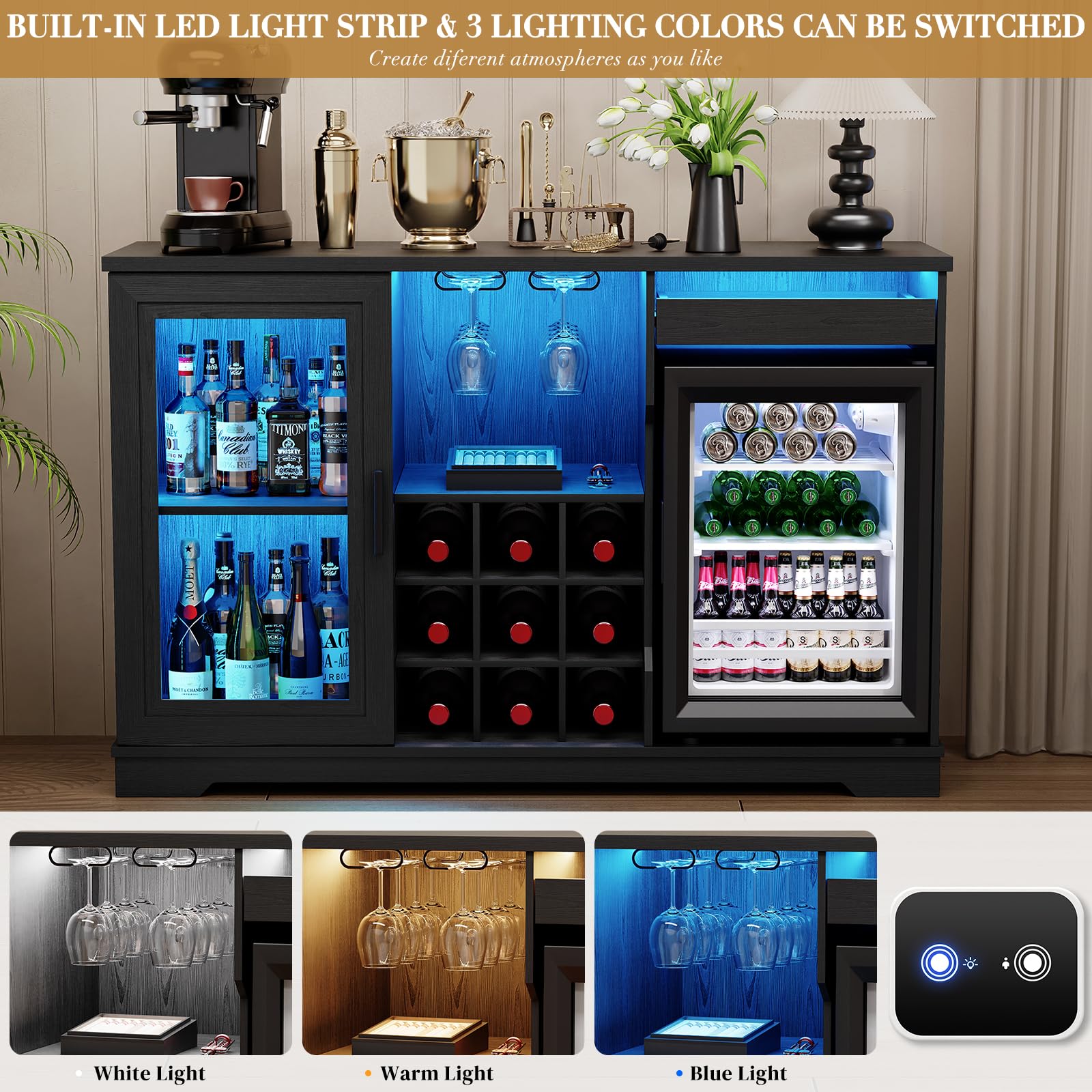 Bar Cabinet with Wine Cooler & LED Lights