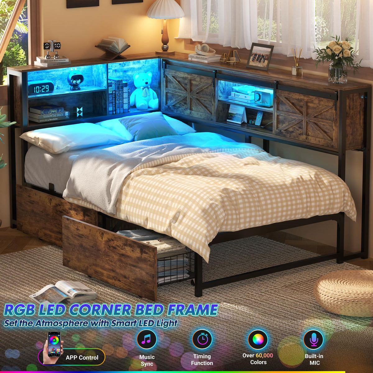 Homieasy Corner Bed Frame with Drawer, Storage Shelf, Bookcase, Outlet, LED