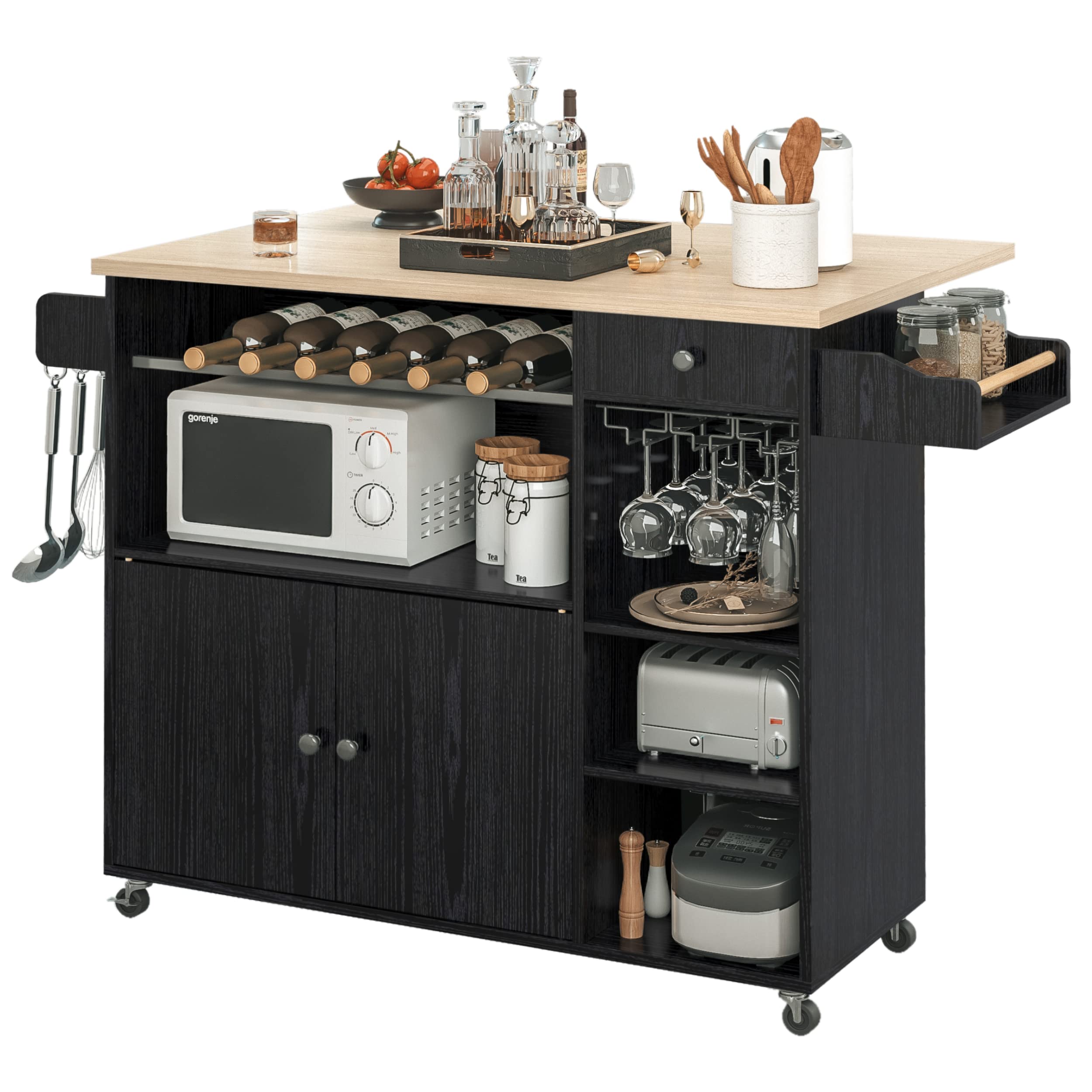 Kitchen Island Cart with Drop-Leaf & Wine Rack