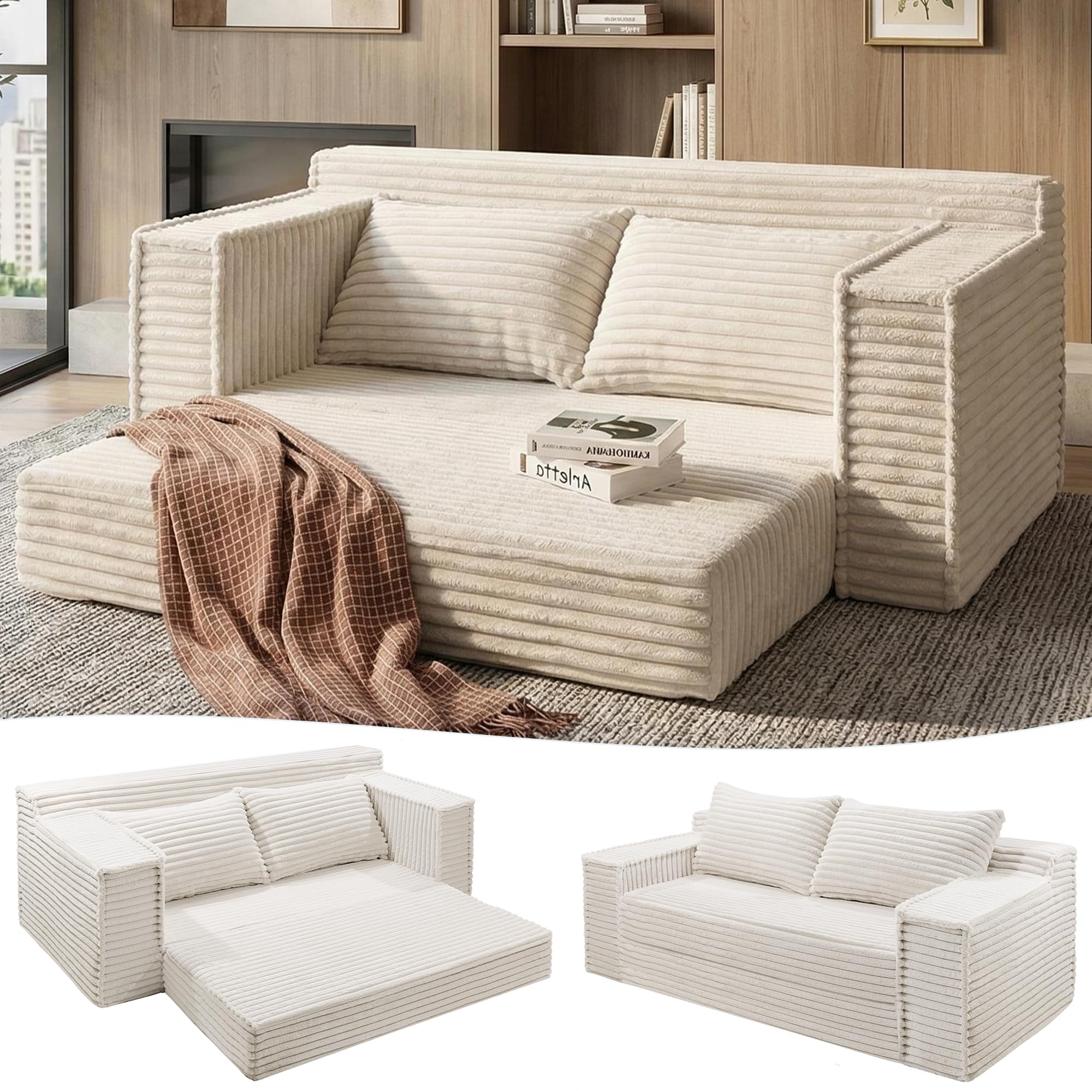 IDEALHOUSE 75 Inch Convertible Sofa Bed, Boneless Sleeper Sofa, 2 in 1 Folding Couch Bed with 2 Pillows, Pull Out Couch Bed, Loveseat Sofa for Living Room Bedroom, No Assembly, Beige