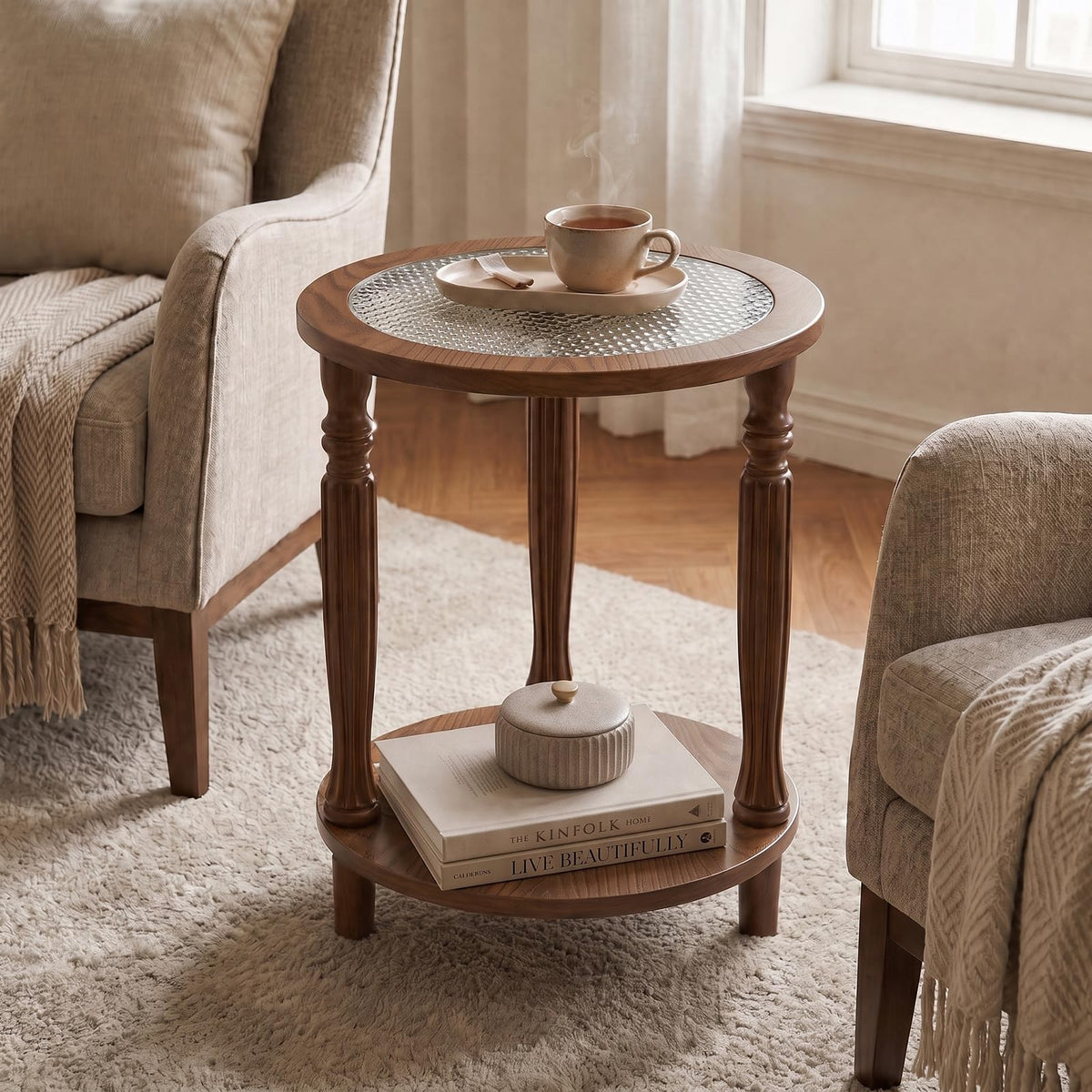 Huquczm Walnut Brown Round 2‑Tier French Vintage End Table with Glass