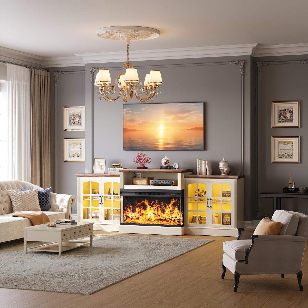OneBlis 97'' Fireplace TV Stand with 3-Sided Electric Fireplace up to 100" TV, LED Entertainment Center Media Console with 36" Fireplace for Living Room, White/Rustic Oak Top