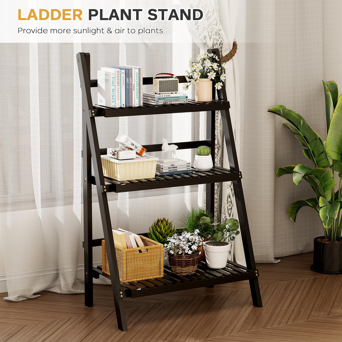39.4" Foldable Ladder Shelf Plant Shelf, 3 Tier Bamboo Ladder Bookshelf