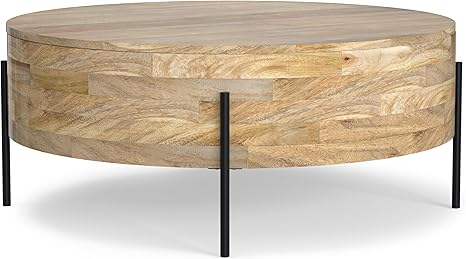 Round Drum Coffee Table – Solid Mango Wood with Black Metal Legs