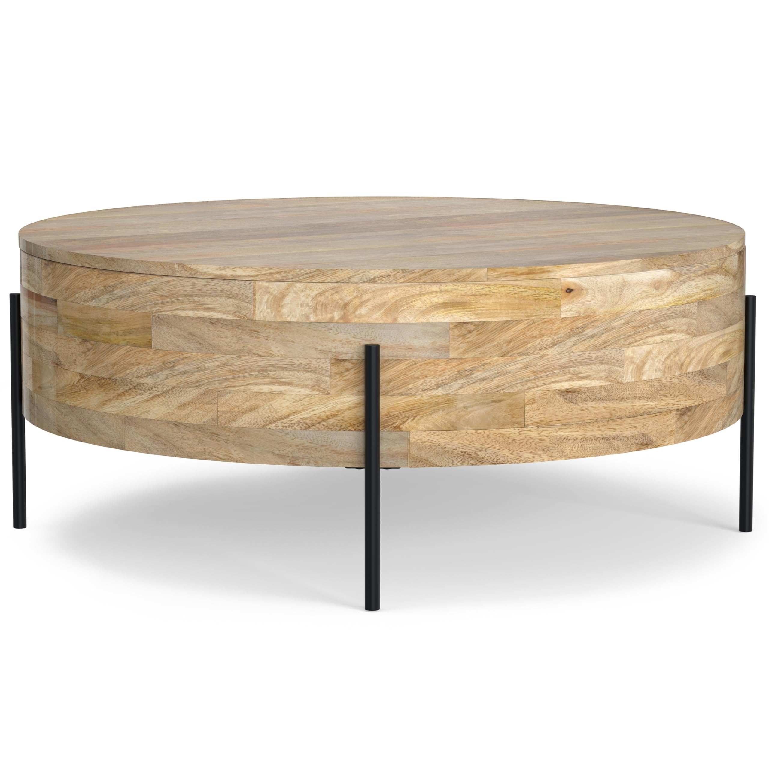 Round Drum Coffee Table – Solid Mango Wood with Black Metal Legs