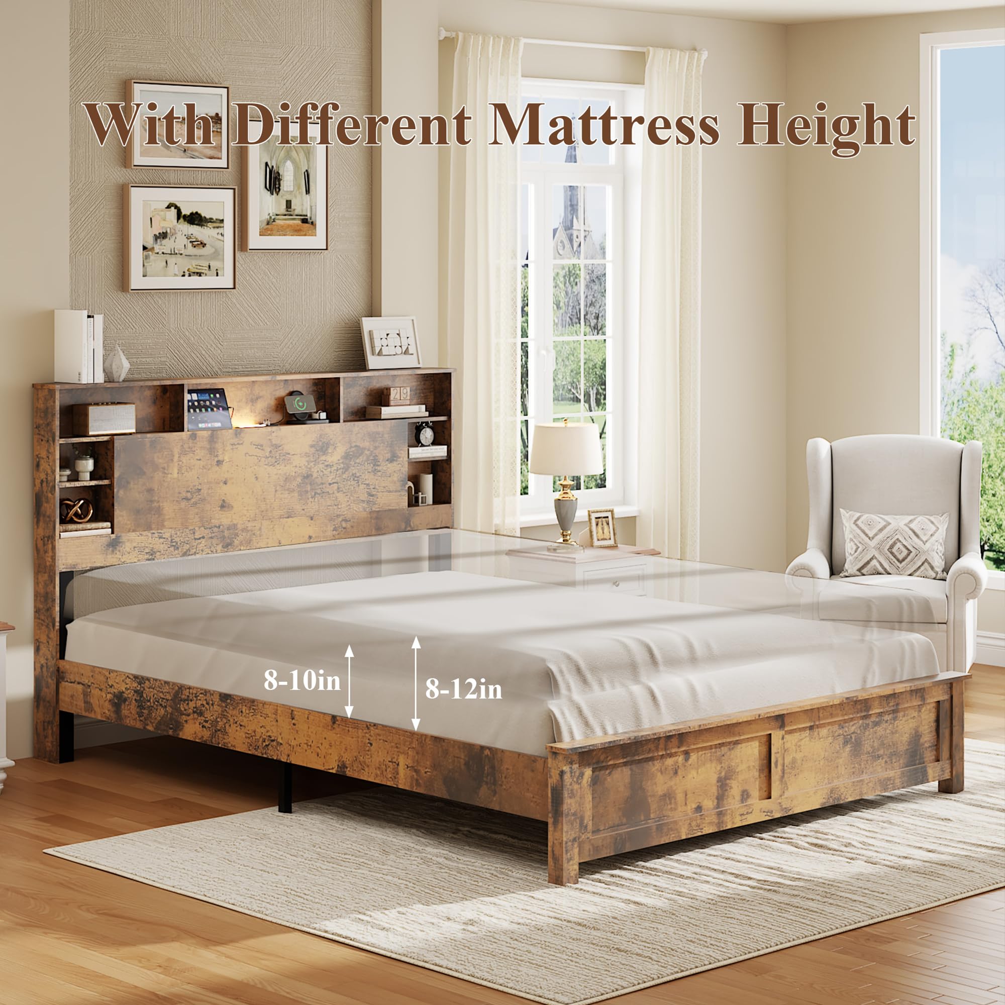 MLJWI Wood Queen Size Bed Frame with Storage Headboard, Farmhouse Platform Bed Frame with Charging Station & LED Lights, Noise Free, No Box Spring Needed (Dark Brown, Queen)