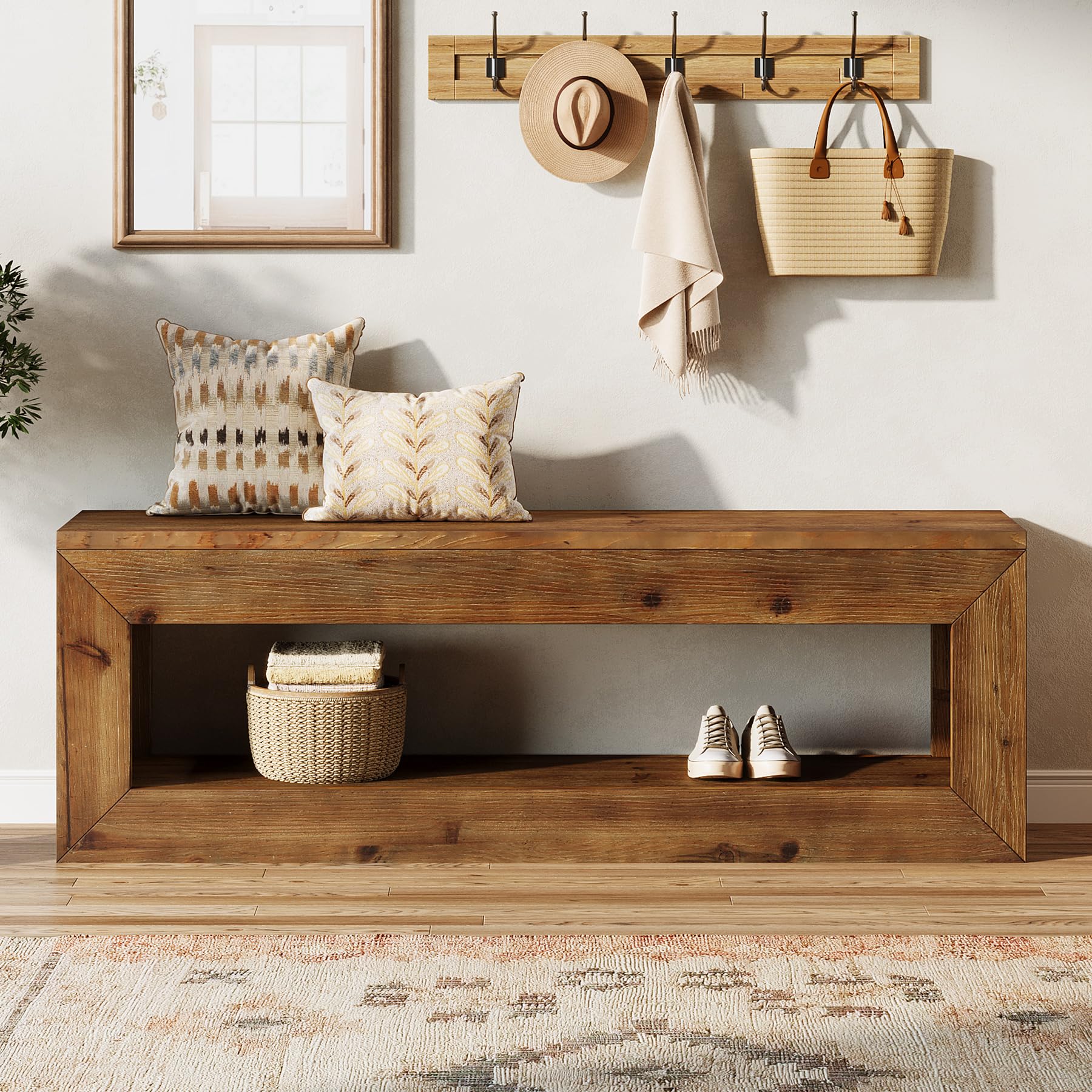 TRIBEWOOD Solid Wood Entryway Bench, 47" Rustic Farmhouse Indoor Bench Seat with Storage Shelf for Entrance, Hallway, End of Bed