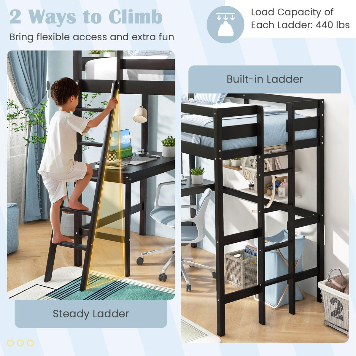 GIANTEX Twin Size Loft Bed with Desk, Solid Wood Loft Bed with 2 Ladders & Full Length Guardrail, Modern Space-Saving Twin Bed Frame for Kids Teens Adults, No Box Spring Needed, Espresso