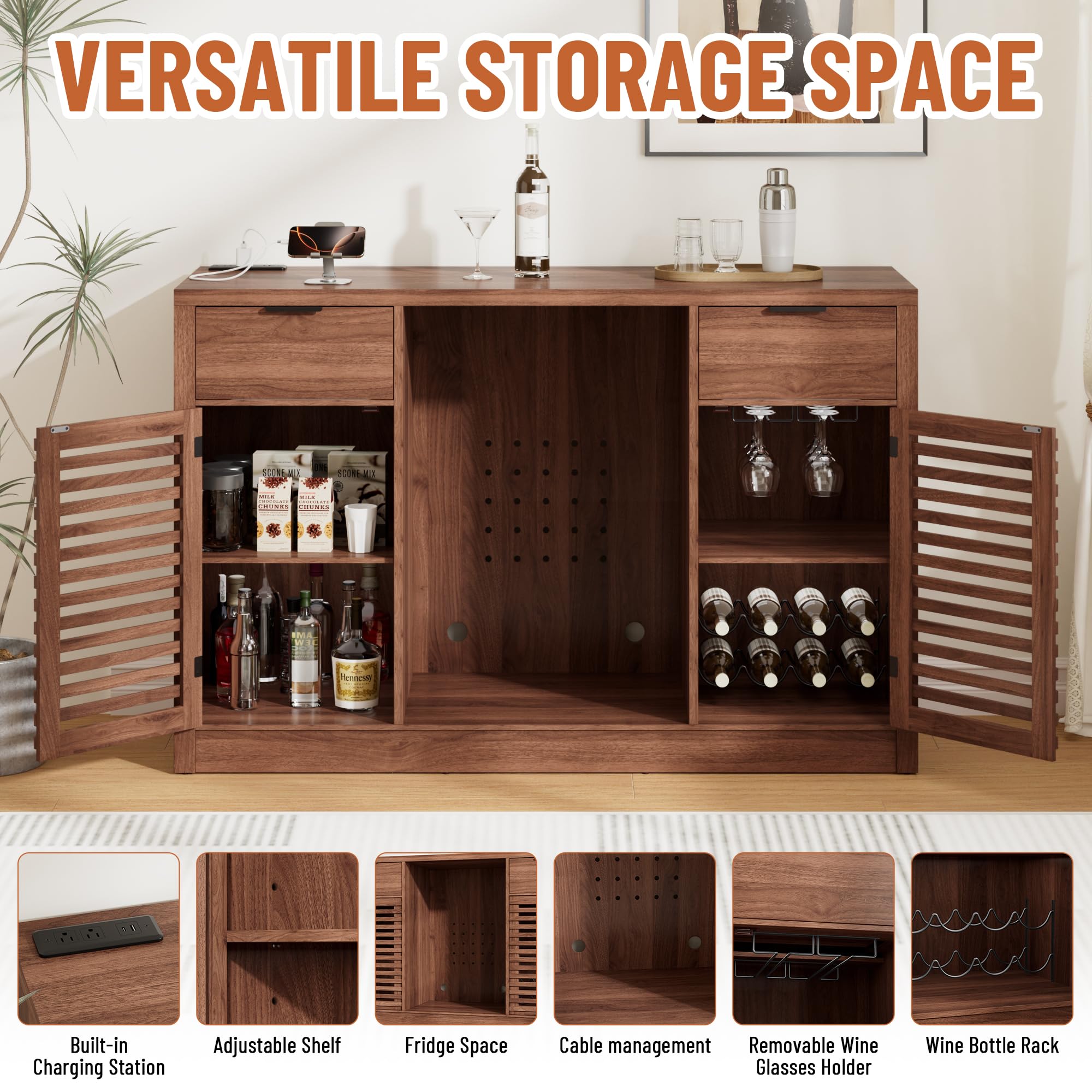 Coffee Bar Cabinet with Fridge Space, Liquor Wine Bar Cabinets with Wine Rack and Glass Holder, Mini Fridge Cabinet with Drawer & Storage, Fluted Buffet Sideboard for Dining Room, Kitchen (Walnut)
