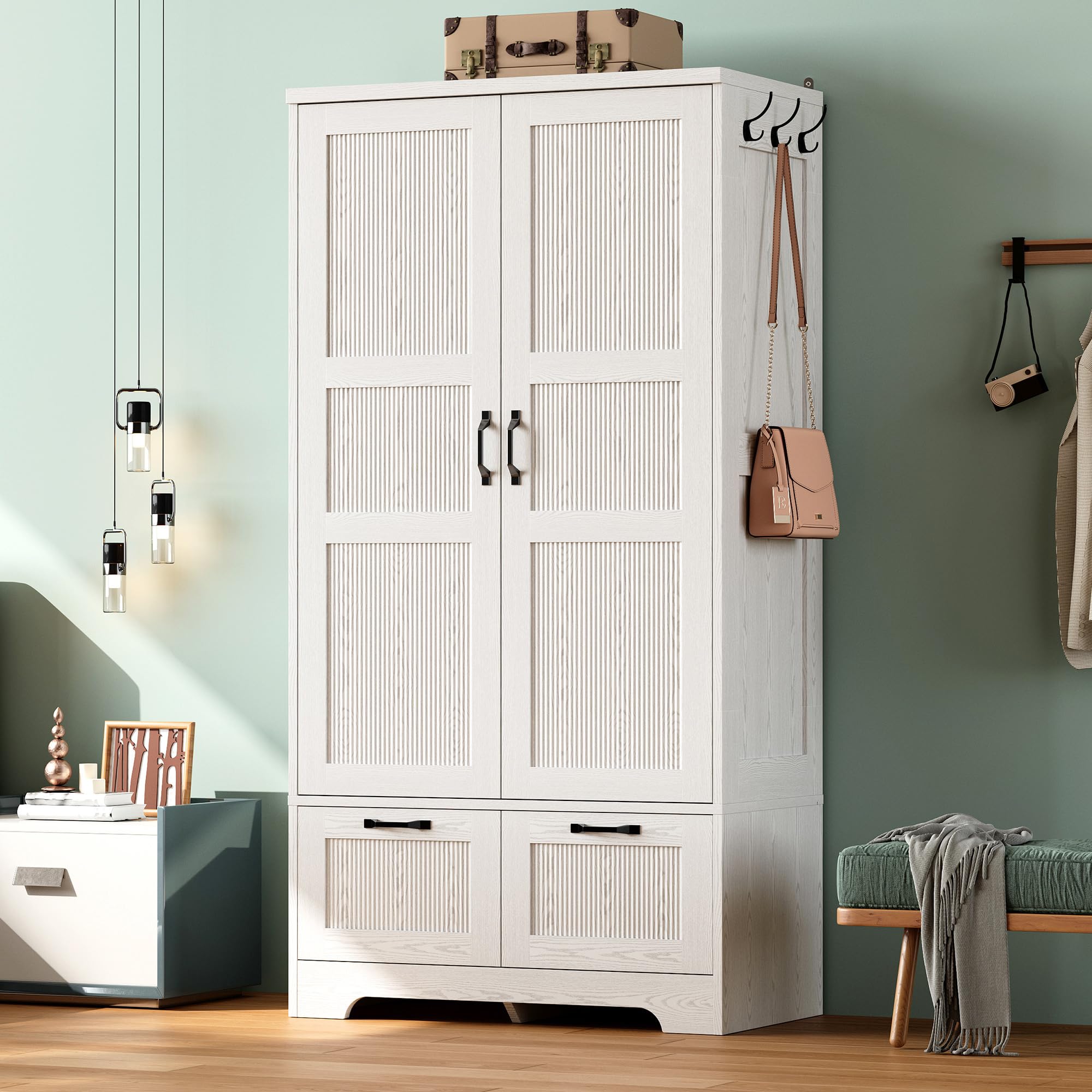 ANCTOR Armoire Wardrobe Closet, 71" H Wooden Clothing Storage Cabinet with 2 Doors and 2 Drawers, Bedroom Freestanding Wardrobe Combination with Hanging Rod and Shelves, White