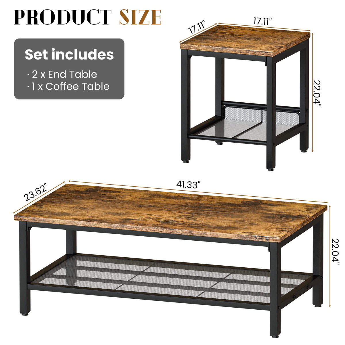 AWQM Coffee Table Industrial Coffee Table with 2 Square End Side Tables, Modern Living Room Table Set with Metal Frame for Apartment Home Office, Rustic Brown Set001