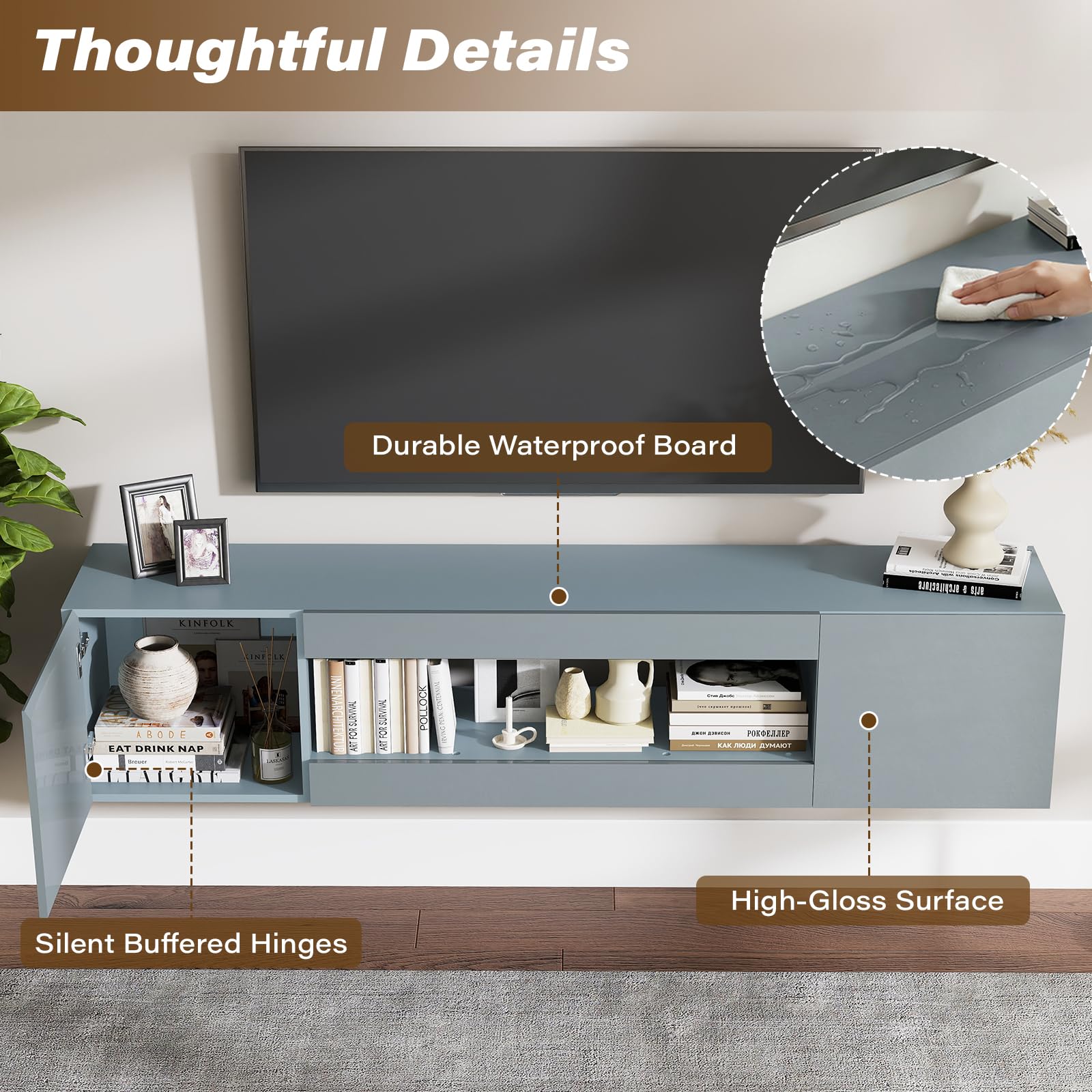 EAG 70" Floating TV Stand for TVs Up to 80", Modern Wall Mounted Entertainment Center with Storage, High Gloss Floating TV Shelf with Flip Doors, TV Floating Cabinet for Living Room (Gray)