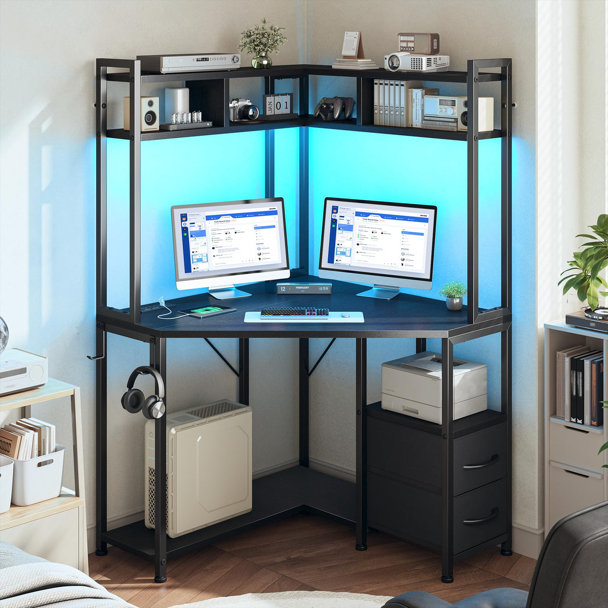 DurayLoly 63"Triangular Corner Desk with Hutch,Ample Storage for Small Room