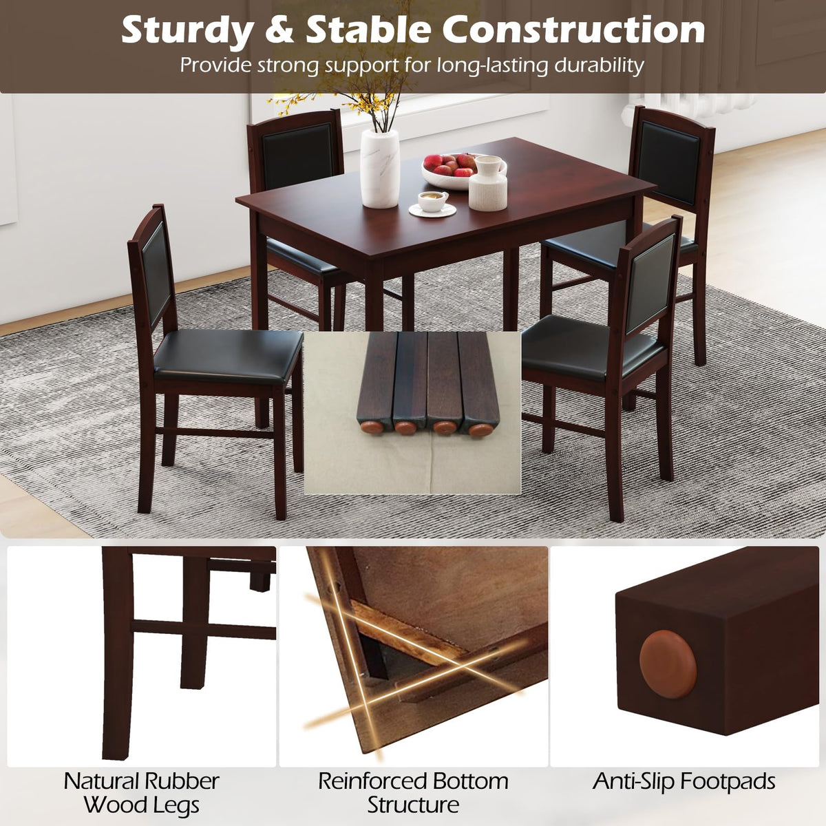 GIANTEX 5-Piece Dining Table Set for 4, Wooden Kitchen Table and Chairs with Solid Rubber Wood Legs, Padded Seat & Backrest, Space Saving Dinette Set for Home Dining Living Room, Breakfast Nook