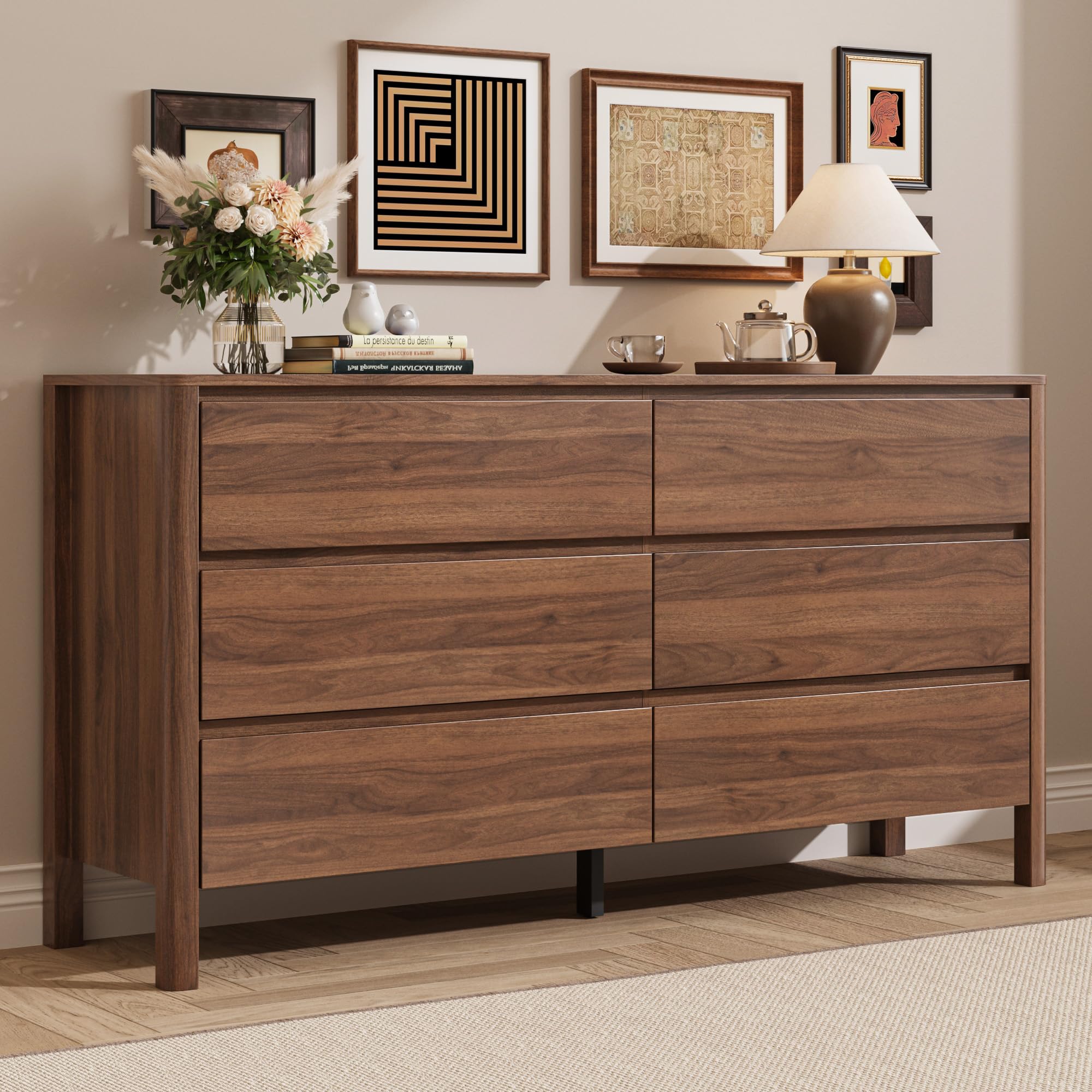 MAISONARIA Walnut Dresser for Bedroom, 55.1" Wide Dresser with 6 Drawers and Hidden Handles, Modern Wood Chest of Drawers for Clothes and Accessories, Stylish Storage Cabinet for Living Room, Entryway